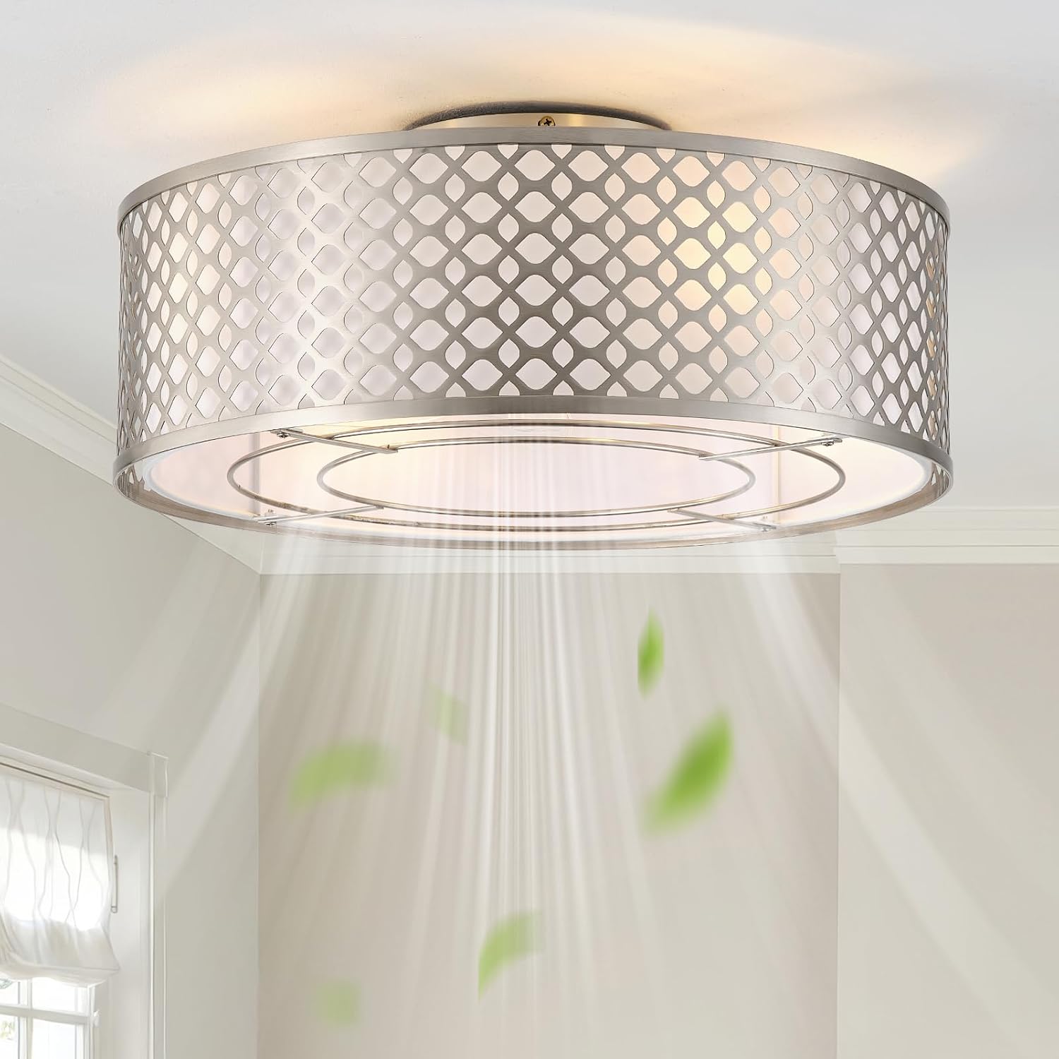 20' Silver Ceiling Fan with Light Flush Mount, Caged Boho Ceiling Fans with Lights Remote Control, Round with 6 Speeds for Bedroom, Nursery, Living Room