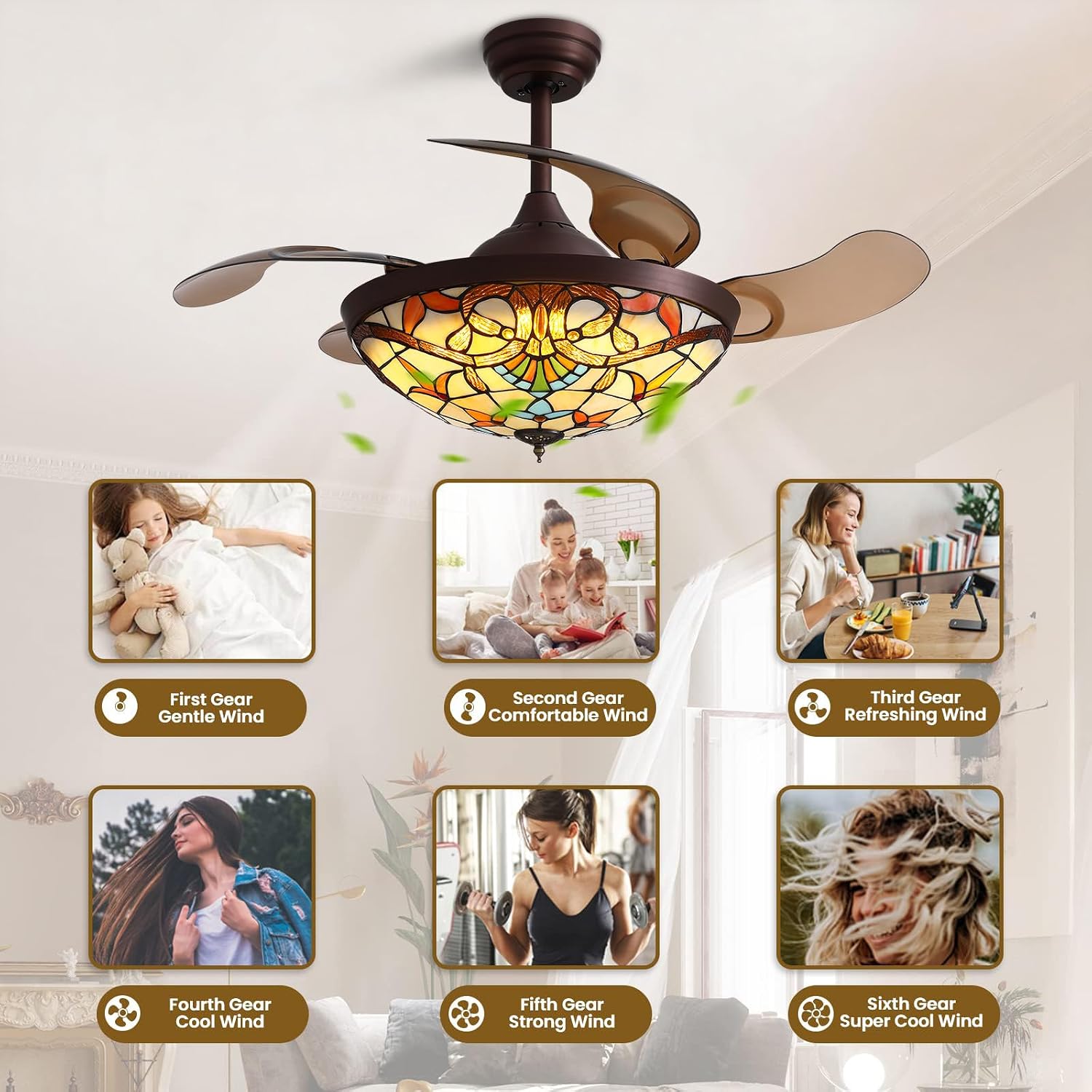 Siljoy 42' Tiffany Ceiling Fan with Lights, Stained Glass Ceiling Fan Vintage Ceiling Fan with Remote Control Dimmable Fandelier with 4 Retractable Reverse Blades for Bedroom, Living and Dining Room