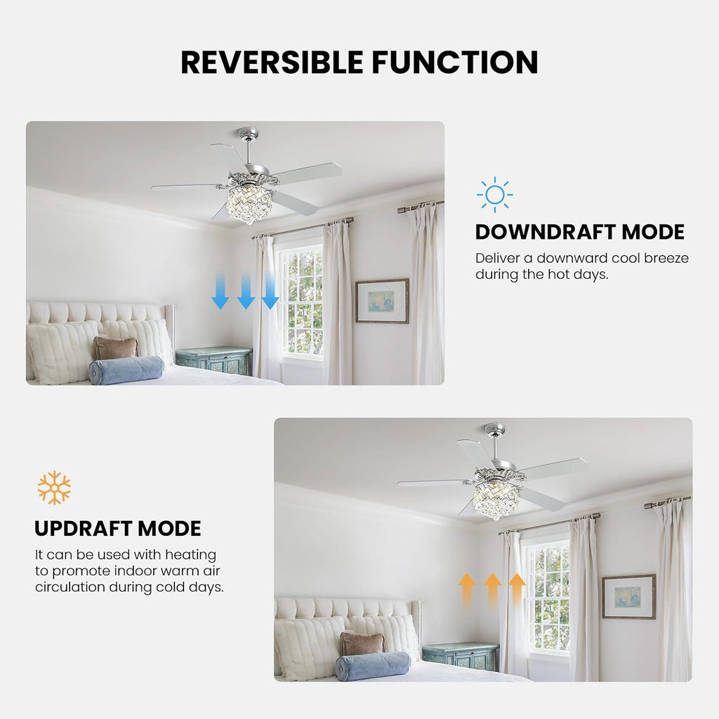 52' Crystal Ceiling Fan with Light Dimmable LED Chandelier Ceiling Fan Modern Reversible Fandelier Light Fixture with Remote for Bedroom Dining Room Living Room Chrome