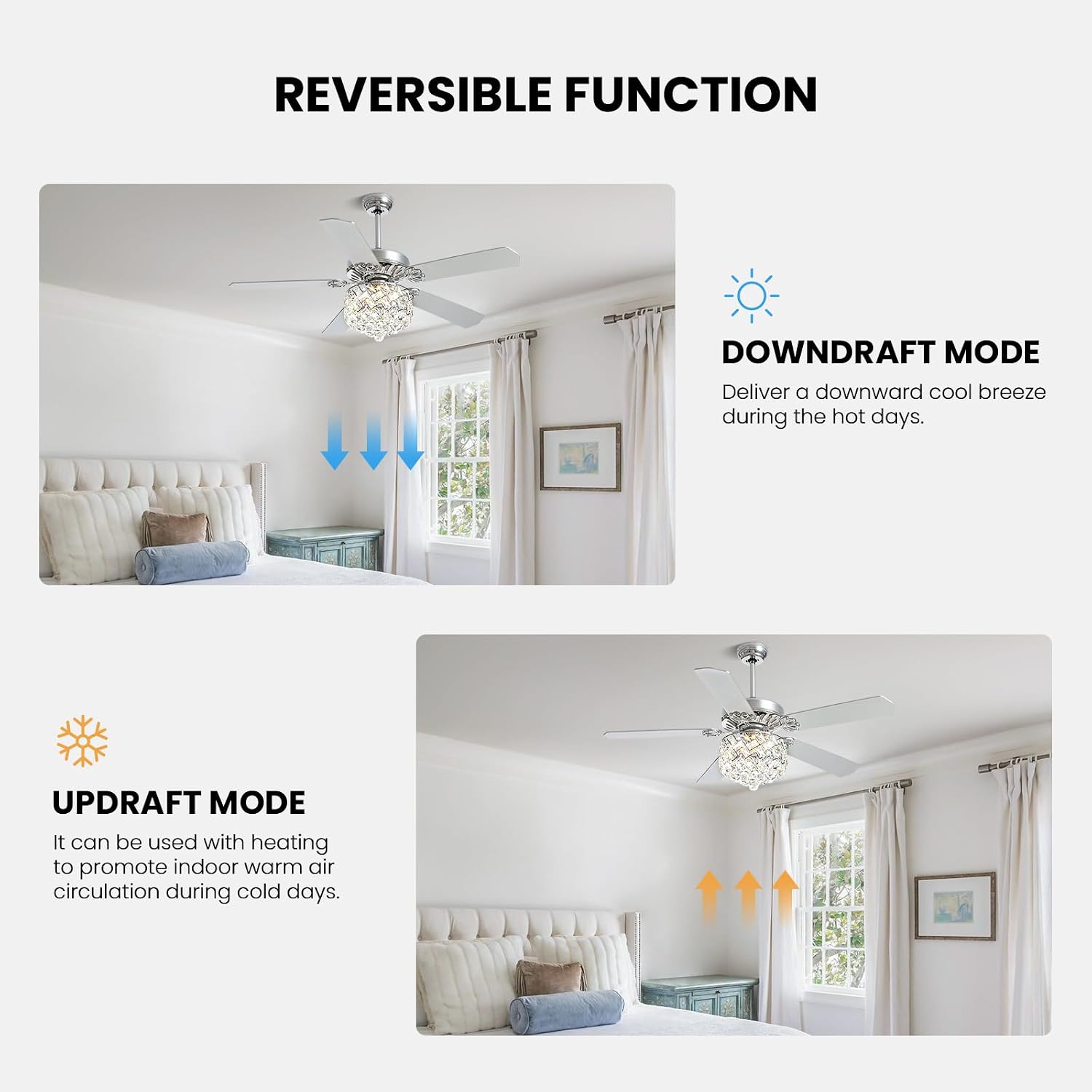52' Crystal Ceiling Fan with Light Dimmable LED Chandelier Ceiling Fan Modern Reversible Fandelier Light Fixture with Remote for Bedroom Dining Room Living Room Chrome