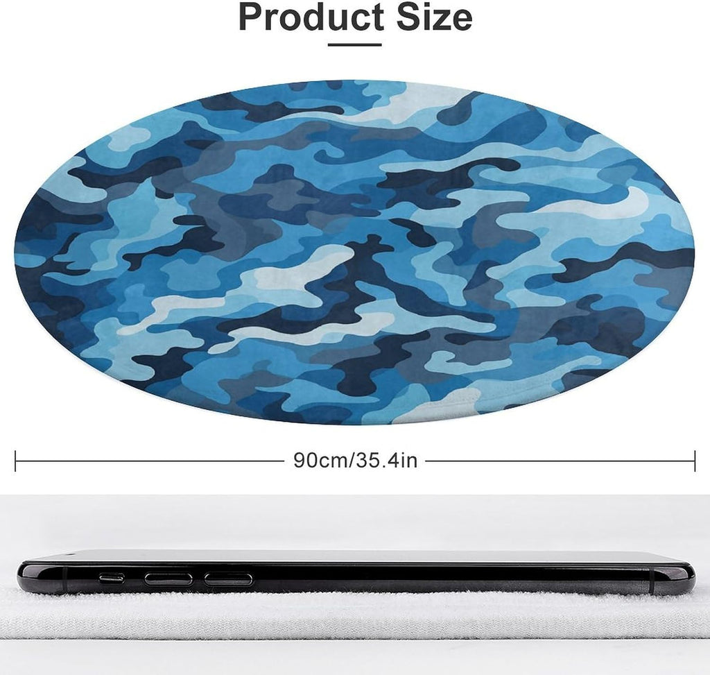 Blue Camouflage Pattern Coral Velvet Round Floor Mat Non-Slip Bath Rug Floor Covering for Bathroom Vanity Guest Suite & Vacation Home