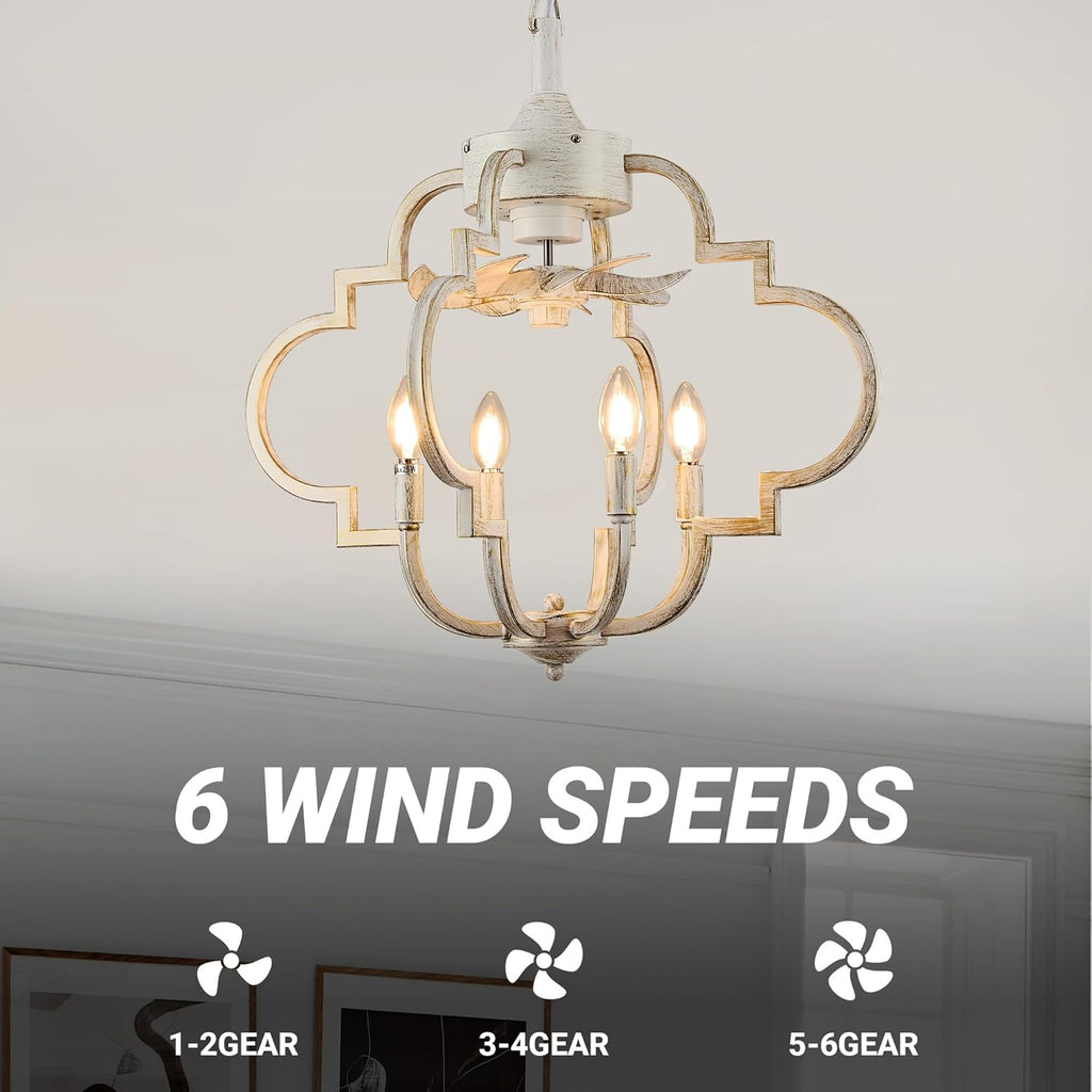 Chandelier Ceiling Fan, 23' Rustic Fandelier Ceiling Fan with Light, 4-Metal Rod Geometric Lantern Design, Vintage Hanging Ceiling Fans for Bedroom, Dining Room, Kitchen-White Gold