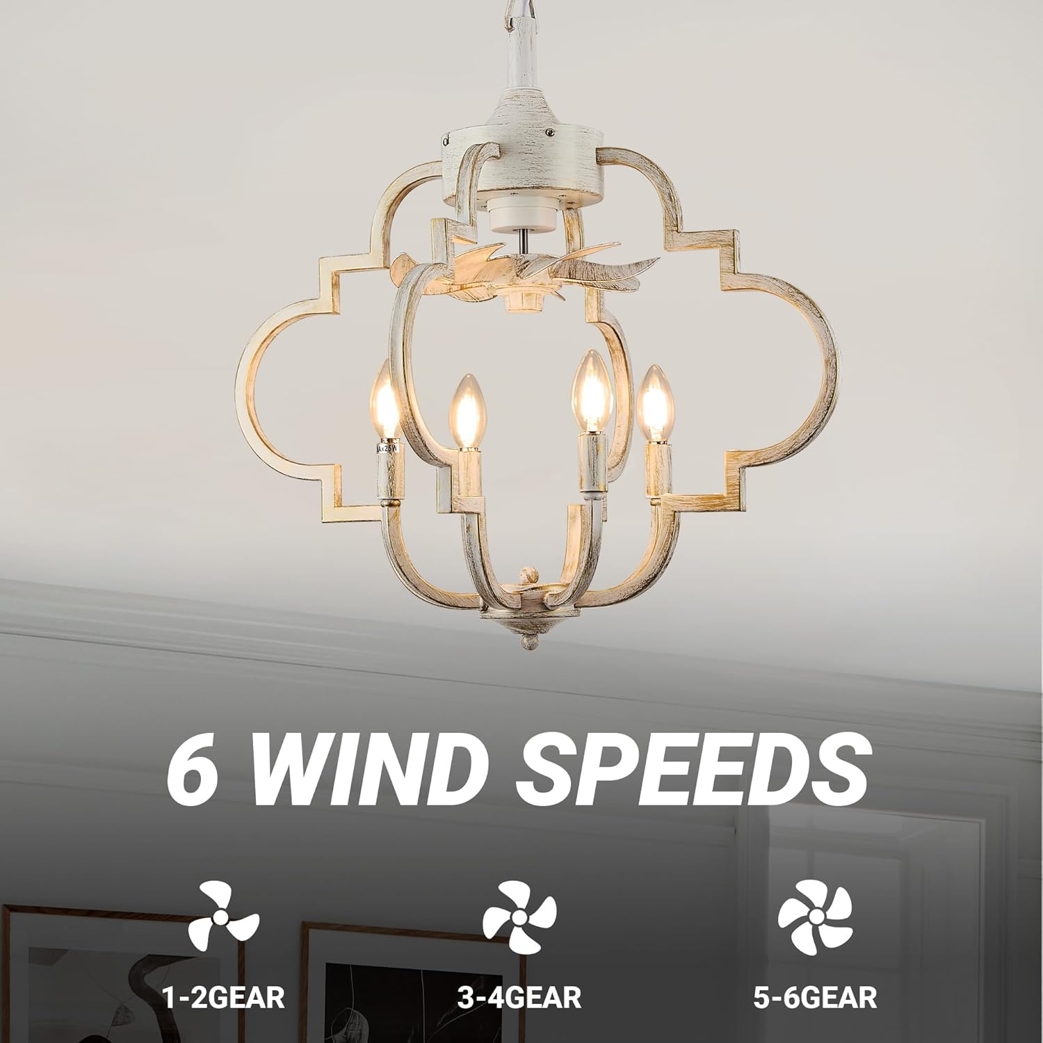 Chandelier Ceiling Fan, 23' Rustic Fandelier Ceiling Fan with Light, 4-Metal Rod Geometric Lantern Design, Vintage Hanging Ceiling Fans for Bedroom, Dining Room, Kitchen-White Gold