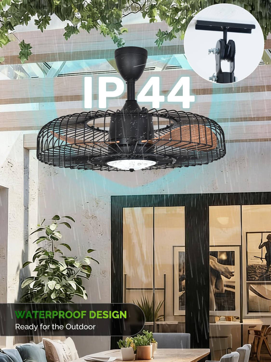 Orison Outdoor Ceiling Fans with Lights for Patio, 24' Weatherproof Ceiling Fan, Gazebo Fan Remote & APP Control, 3CCT Dimmable,Caged Plug in Ceiling Fan with Hanging Hook for Pergola Porch Canopy