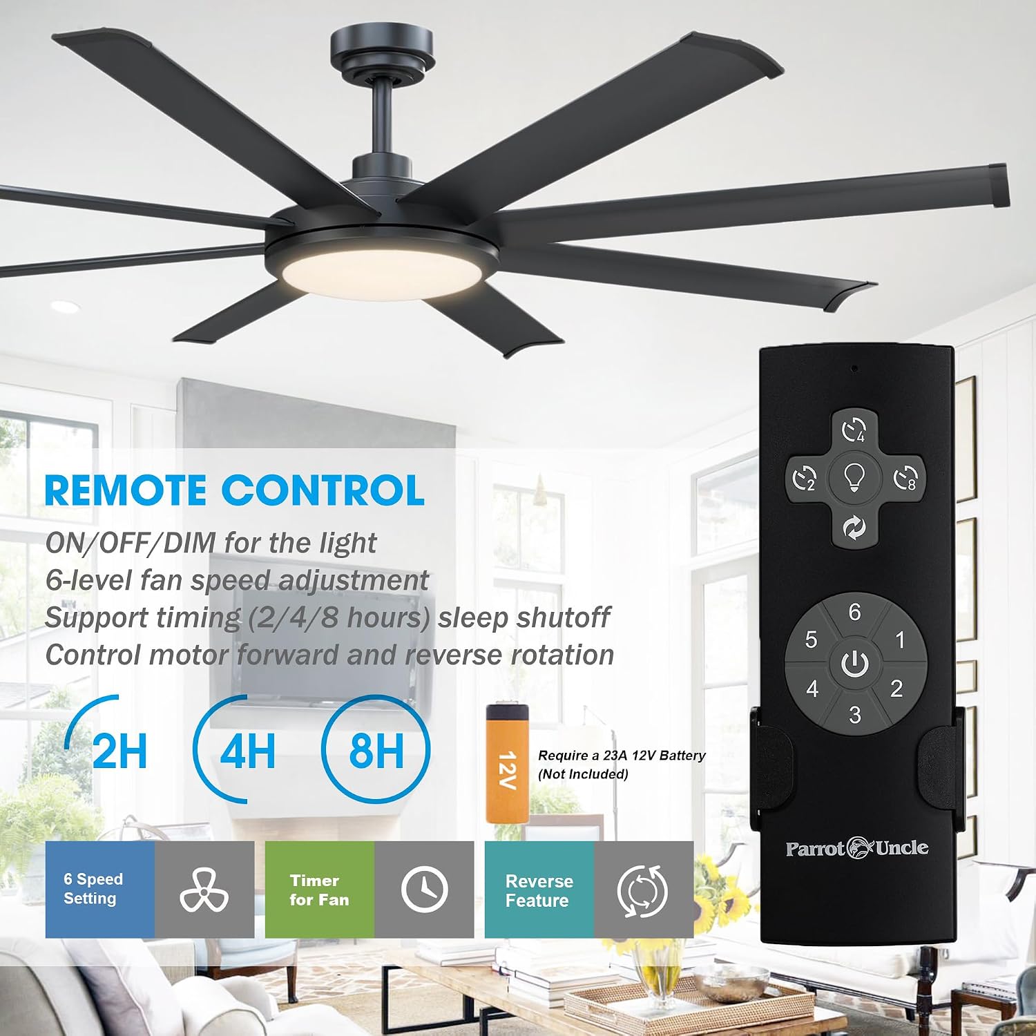 Ceiling Fans with Lights and Remote 60 Inch Industrial Ceiling Fan with Light for Bedroom Living Room, Black Large Outdoor Ceiling Fans for Patios, 6-Speed Reversible DC Motor, Ventilador de Techo