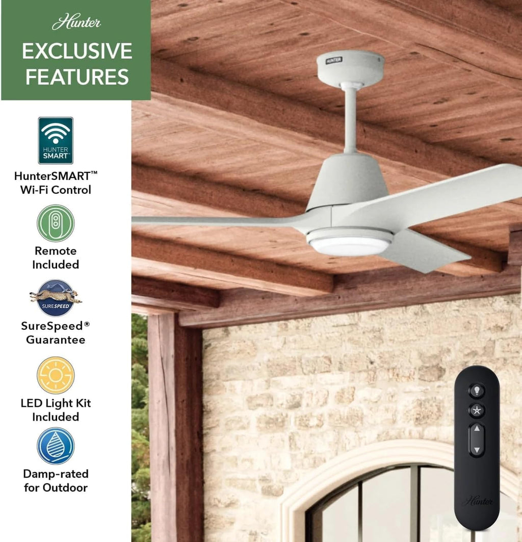Hunter Fan 52 inch Ceiling Fan with Light, Outdoor or Indoor White Ceiling Fan with Remote for Porch, Living Room, Office, Kitchen, Garage, 3 Blades (Renewed)