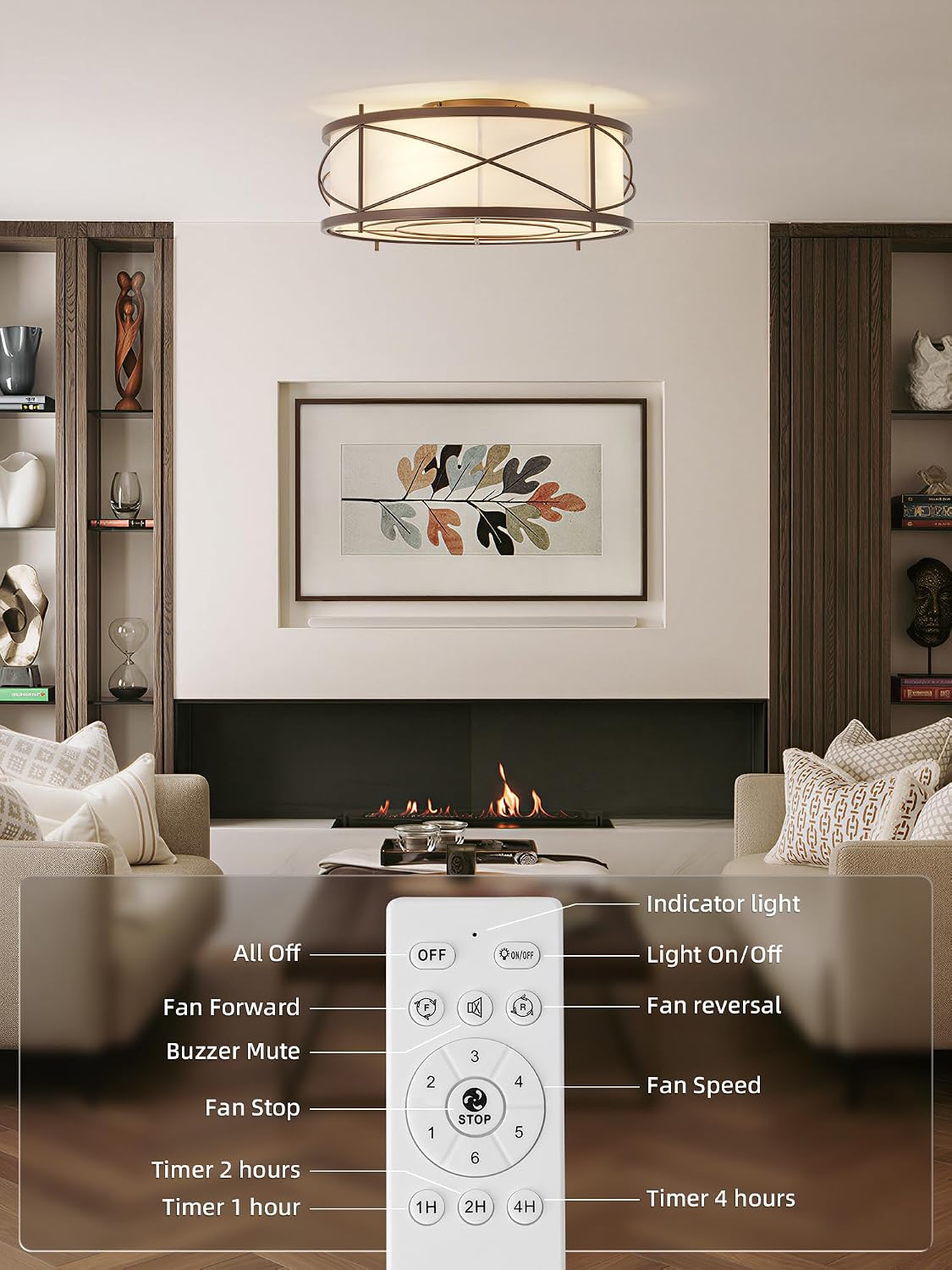 Brown Flush Mount Farmhouse Ceiling Fan with Lights, 20' Caged Rustic Ceiling Fans with Light and Remote, Enclosed with 6 Speeds for Living Room, Bedroom, Nursery