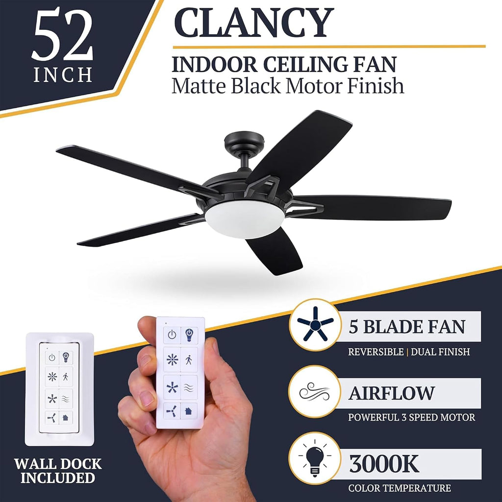 Prominence Home Clancy 52 Inch Contemporary LED Ceiling Fan with Light, Remote Control, Reversible Motor, 5 Dual Finish Blades, Matte Black