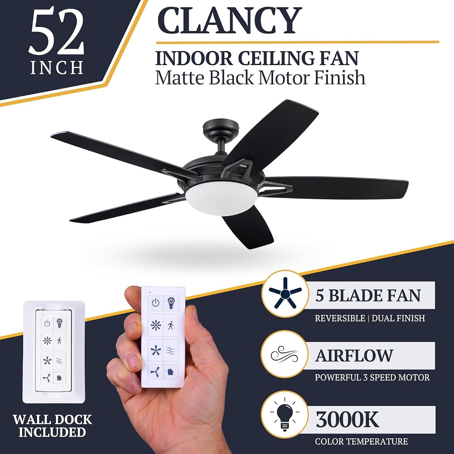 Prominence Home Clancy 52 Inch Contemporary LED Ceiling Fan with Light, Remote Control, Reversible Motor, 5 Dual Finish Blades, Matte Black