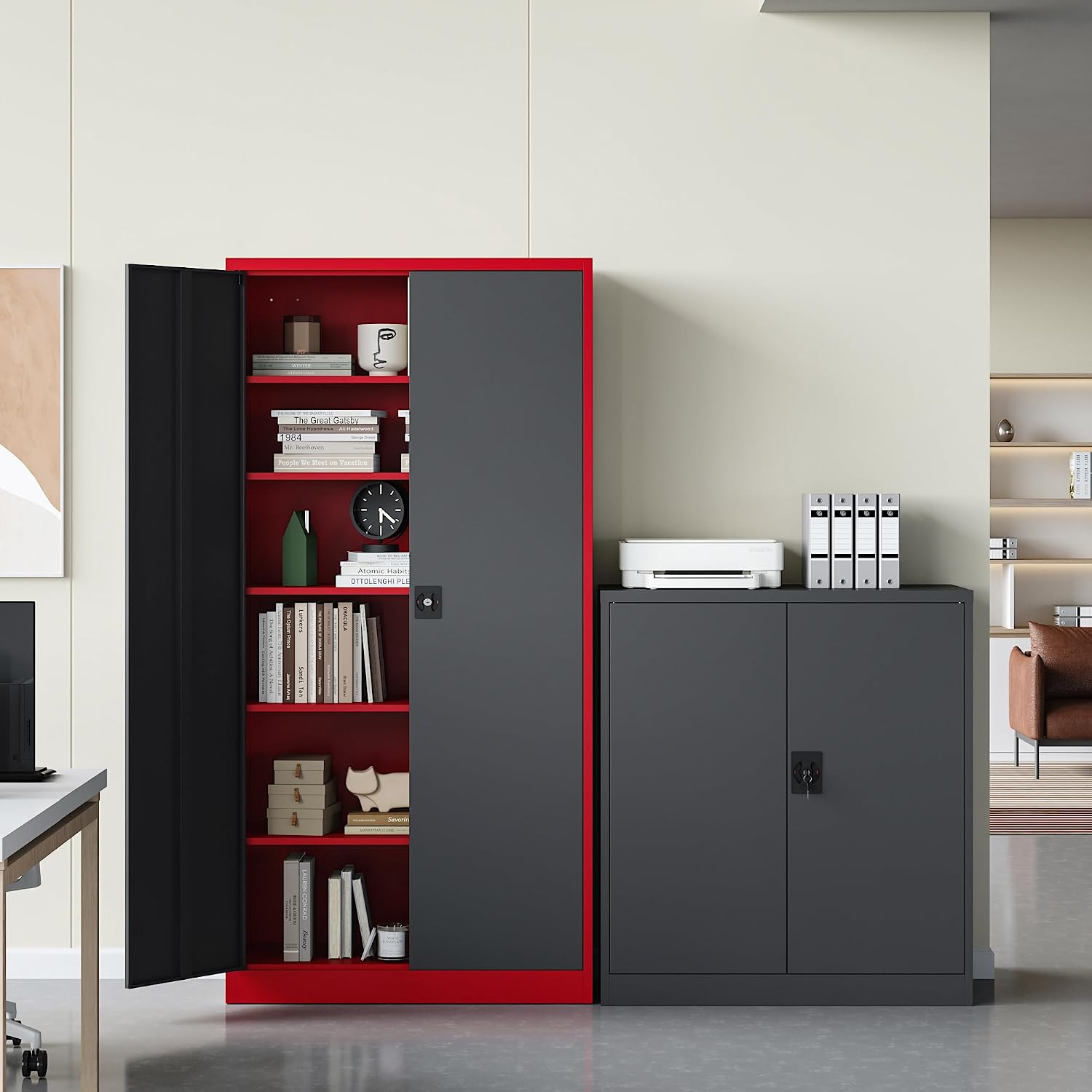 RAVIGIN Metal Garage Storage Cabinet with Lock, 72' Locking Tool Cabinet with 2 Doors and 5 Adjustable Shelves, Tall Steel Cabinet Garage for Home,Office,Warehouse，School (Red Black)