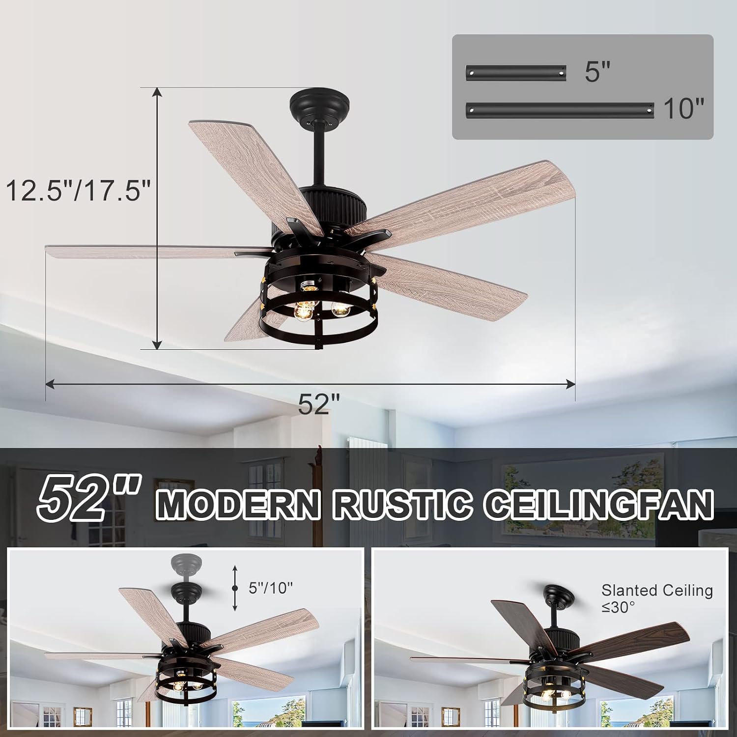 Farmhouse Rustic Ceiling Fan with Lights, 52 Inch Industrial Ceillng Fan Outdoor Ceiling Fan for Patio, Large Airflow Reversible Dual Finish Blades Rustic Fan for Indoor with Timing Function