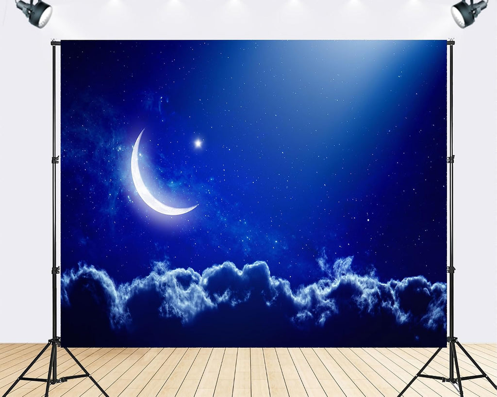 Trykid 20x10ft Crescent Moon Starry Night Sky Glow Backdrop Blue Galaxy Cloud Horizon Photography Background Mysterious Night Scenery Party Decoration Tapestry Photo Booth Prop Fabric