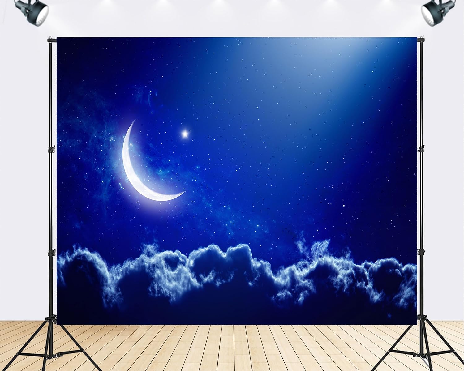 Trykid 20x10ft Crescent Moon Starry Night Sky Glow Backdrop Blue Galaxy Cloud Horizon Photography Background Mysterious Night Scenery Party Decoration Tapestry Photo Booth Prop Fabric