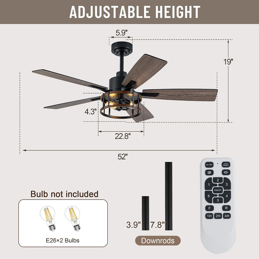 52' Farmhouse Ceiling Fans with Lights, Caged Ceiling Fan with Light and Remote,Reversible Motor,5 Double Finish Wood Blades,Black Rustic Industrial Ceiling Fan for Living Room/Dining Room