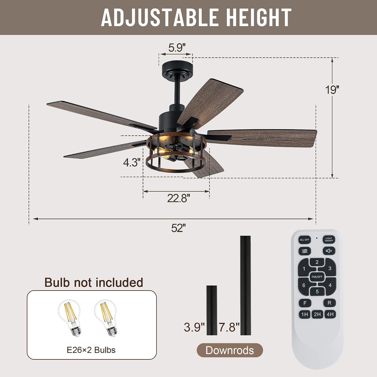 52' Farmhouse Ceiling Fans with Lights, Caged Ceiling Fan with Light and Remote,Reversible Motor,5 Double Finish Wood Blades,Black Rustic Industrial Ceiling Fan for Living Room/Dining Room