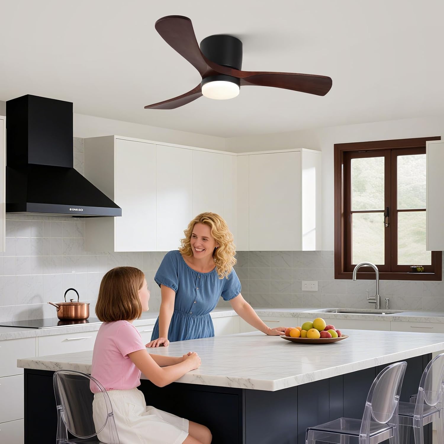 GESUM 42' Ceiling Fan with Lights Remote Control, Low Profile Ceiling Fan with 3 Walnut Wood Blades, Reversible,Dimmable, Flush Mount Ceiling Fans for Living Room Kitchen Bedroom(Black+Walnut)