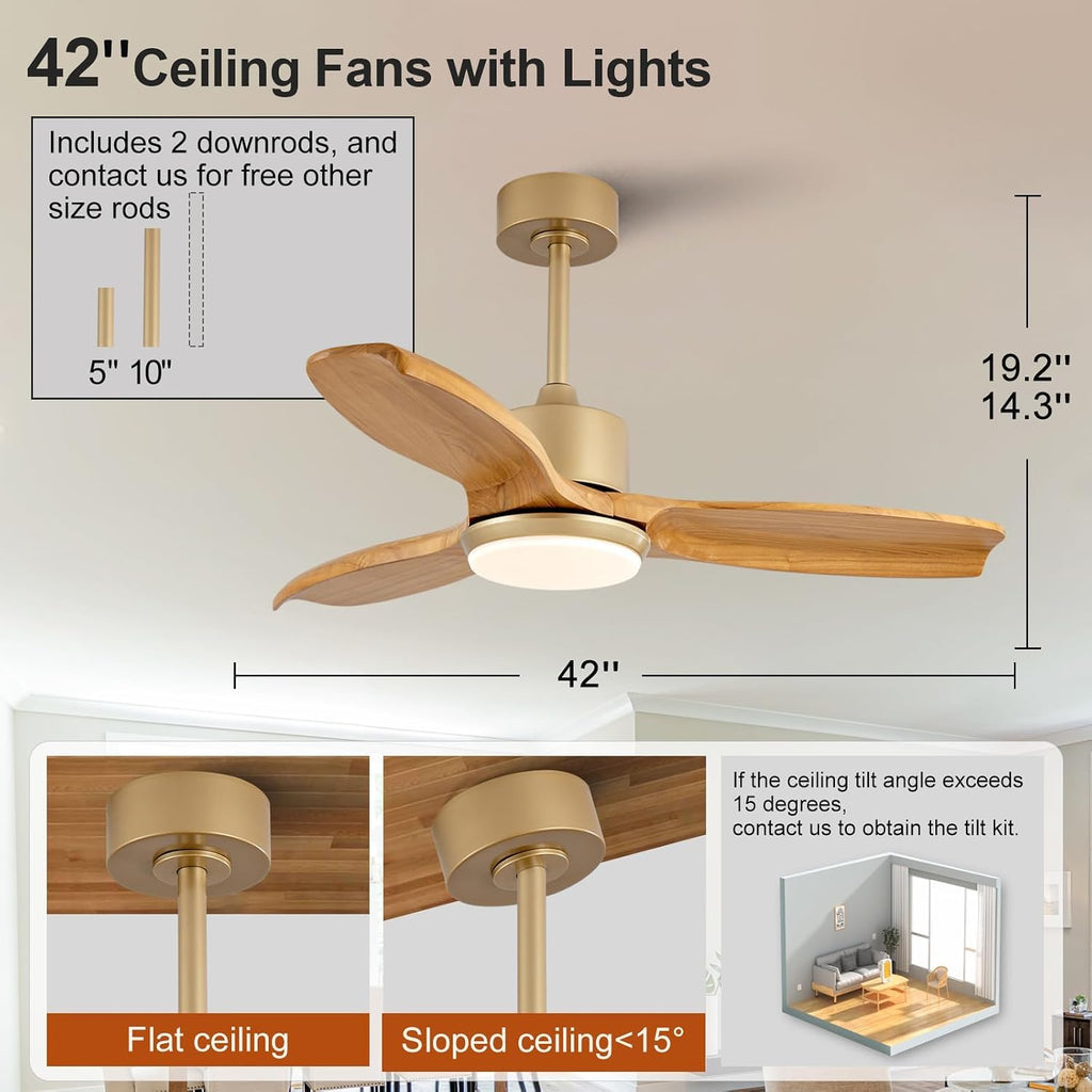 KBZZ 42 Inch Ceiling Fans with Lights and Remote, Solid Wood Blades, Dimmable, Reversible DC Motor, Memory Function, Modern Indoor Outdoor Ceiling Fan with Light for Patio Bedroom (Gold)