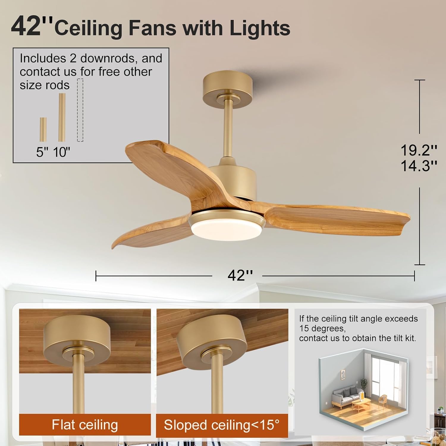 KBZZ 42 Inch Ceiling Fans with Lights and Remote, Solid Wood Blades, Dimmable, Reversible DC Motor, Memory Function, Modern Indoor Outdoor Ceiling Fan with Light for Patio Bedroom (Gold)