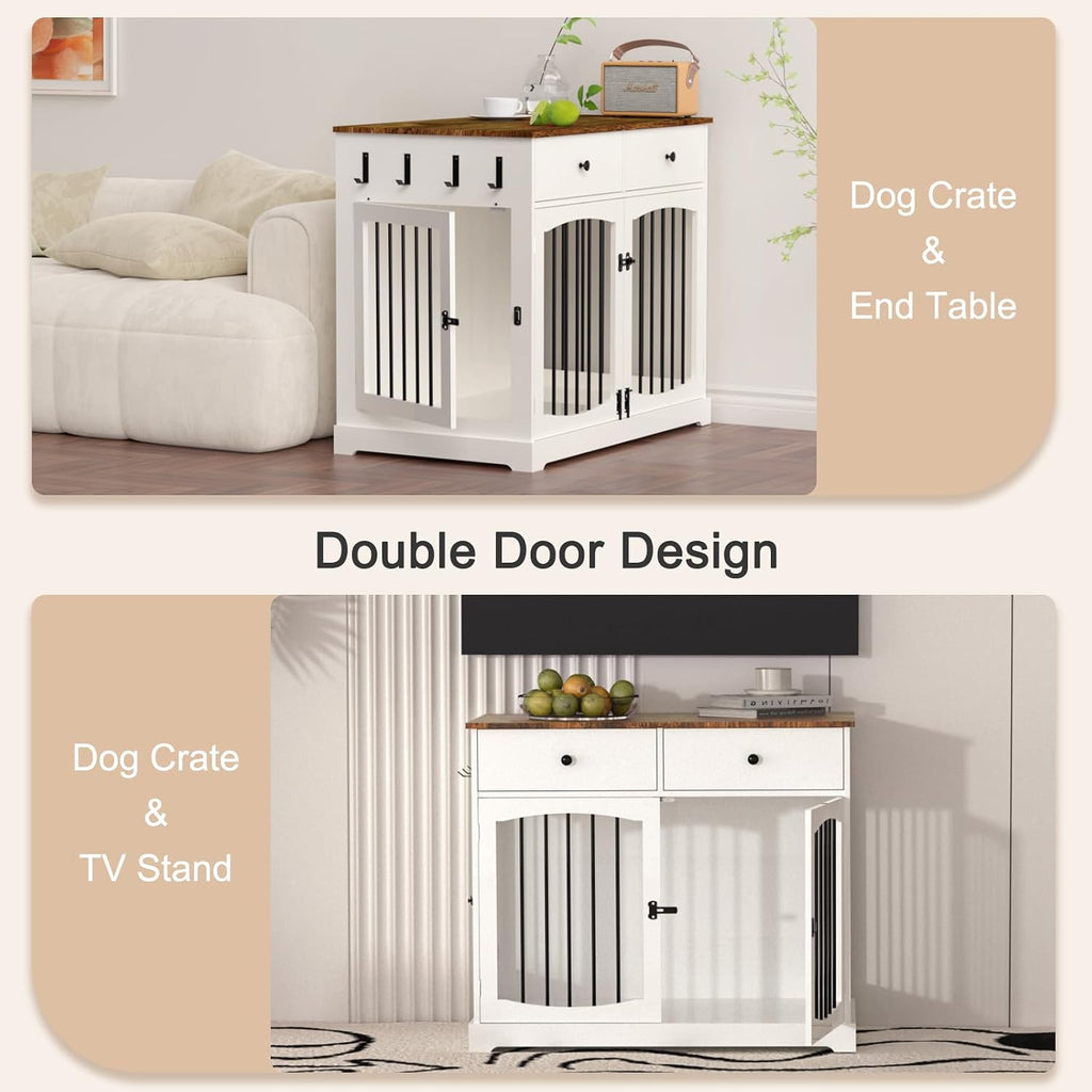Dog Furniture Crate -40 inch Dog Kennel with Drawers-End Table Wooden Pet Crate, Double Door Design, Decorative Dog House Indoor for Small Medium Large Dog, White