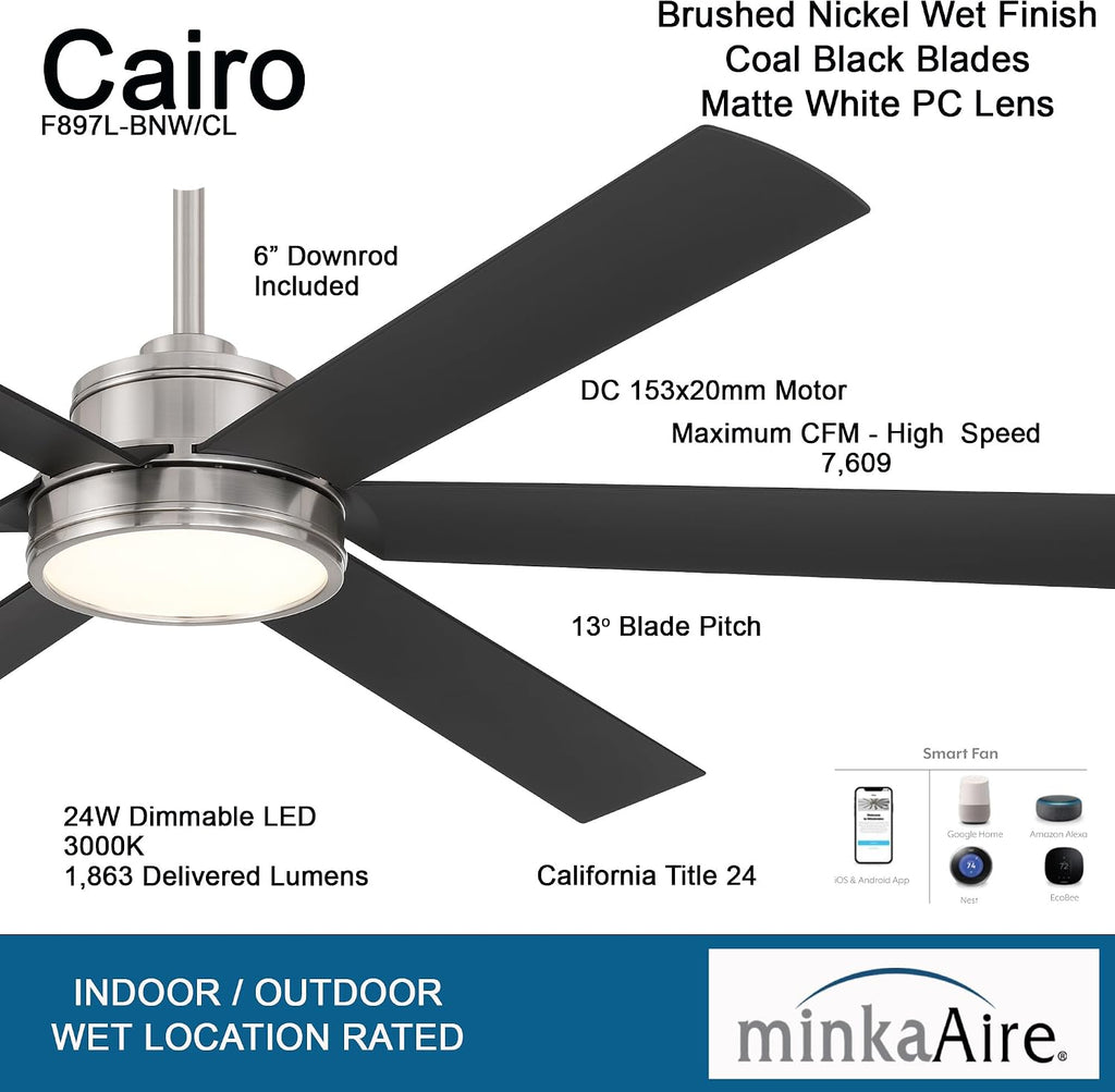 MINKA-AIRE F897L-BNW/CL Cairo 65' 6-Blade LED Smart Indoor/Outdoor Ceiling Fan - Brushed Nickel Wet and Coal Finish Blades with Matte Lens