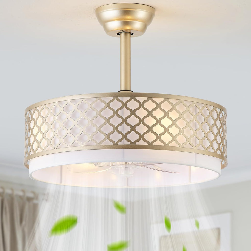 20' Gold Fandelier Ceiling Fan with Lights, Caged Boho Ceiling Fan with Light Remote Control, Rattan with 6 Speeds for Bedroom, Nursery, Living Room