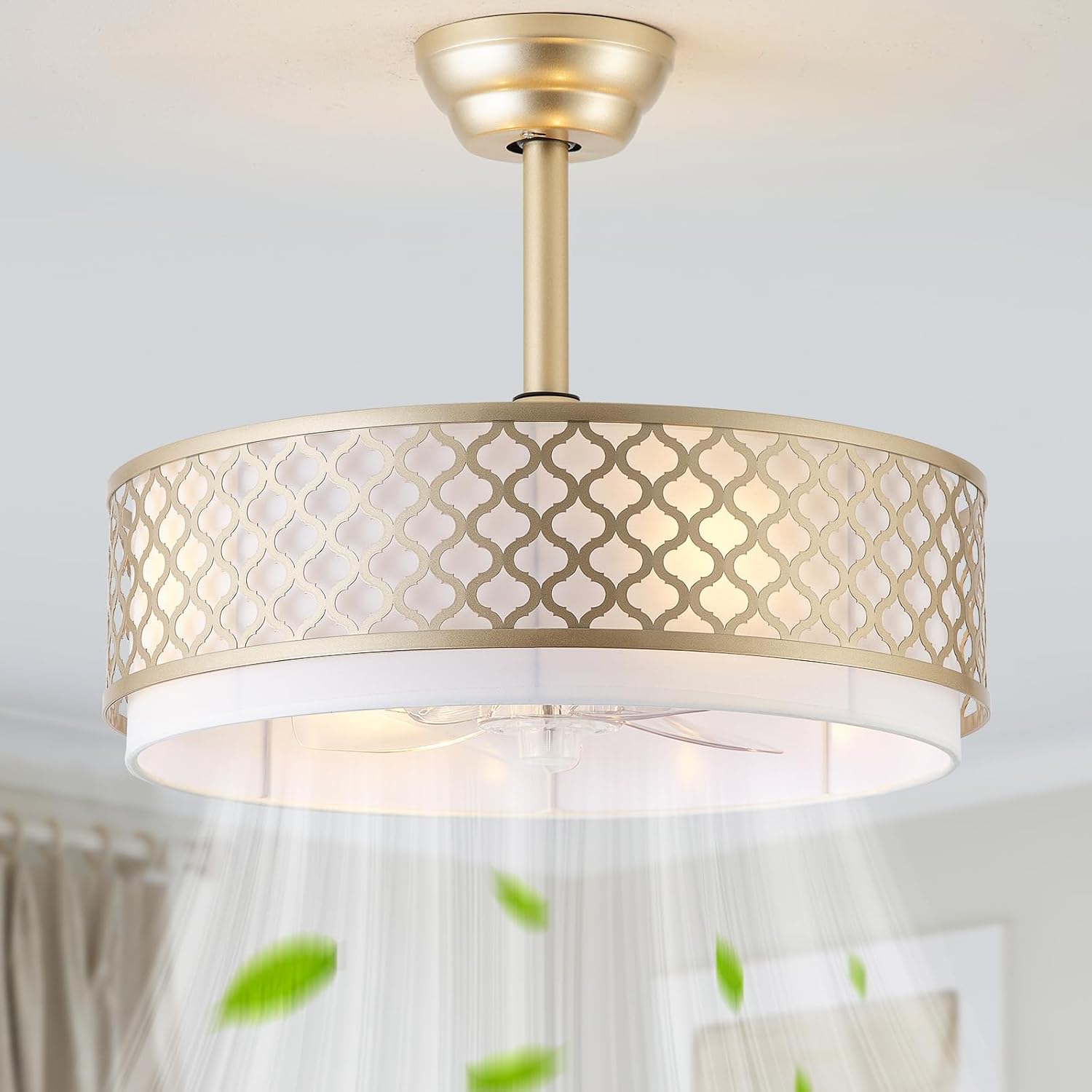 20' Gold Fandelier Ceiling Fan with Lights, Caged Boho Ceiling Fan with Light Remote Control, Rattan with 6 Speeds for Bedroom, Nursery, Living Room