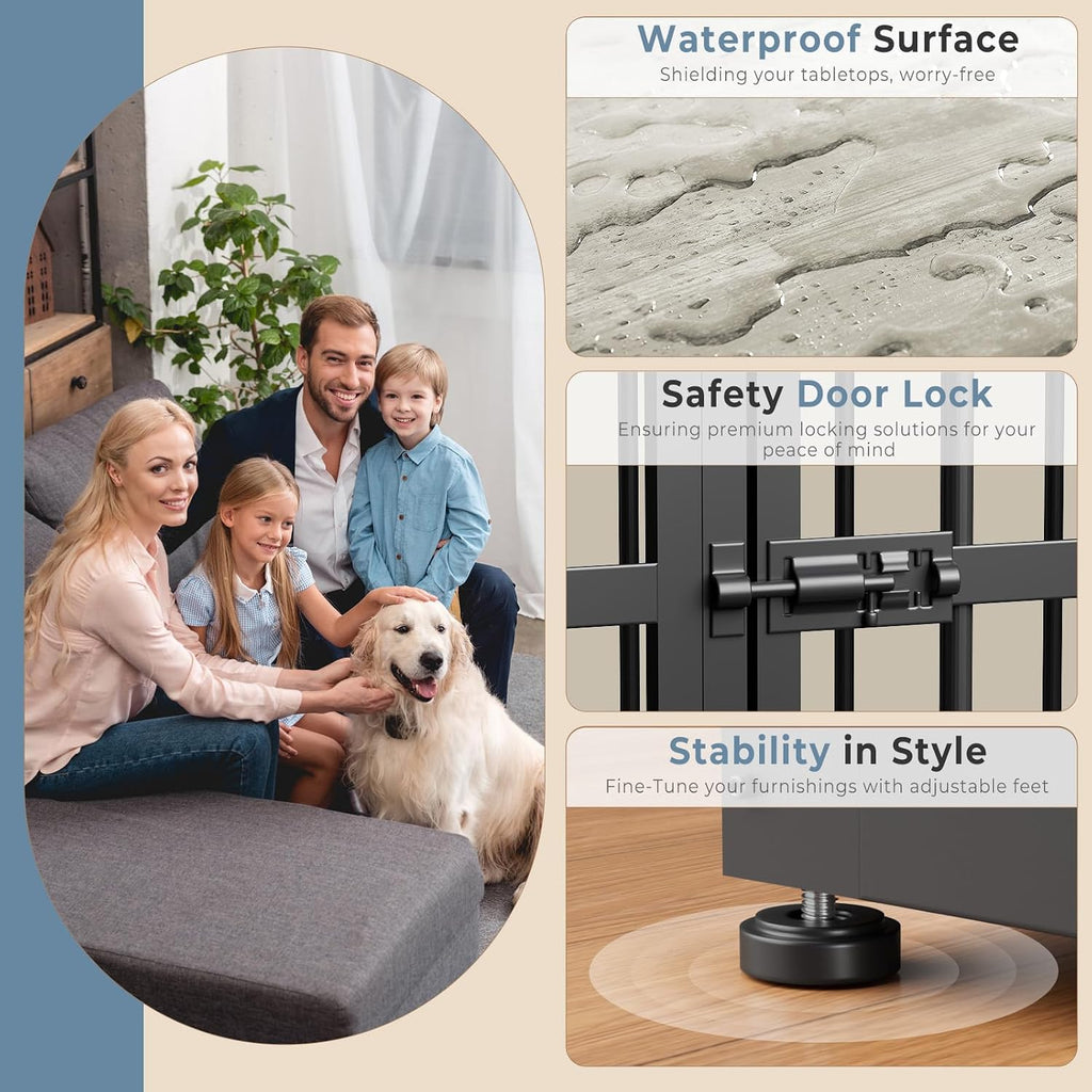 Lyromix 54'' Dog Crate Furniture with Double Rooms,Wooden Crate End Table Heavy Duty Indoor Puppy Cage for 2 Small Dogs, Multiple Units Can be Combined, Grey