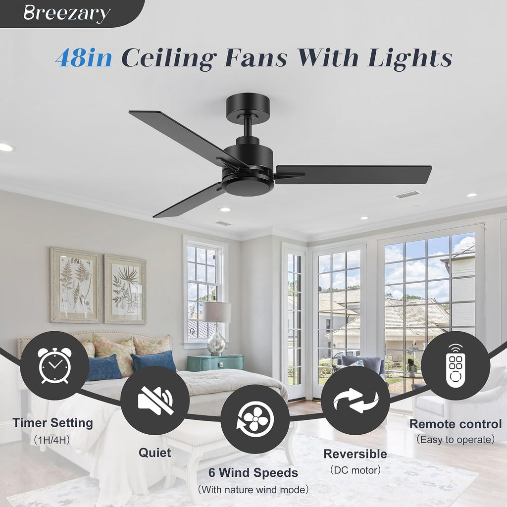 2 Pack 48 Inch Ceiling Fans without Light Remote Control, 6-Speed, Quiet Reversible DC Motor, 3-Blade, Industrial Indoor/Outdoor Ceiling Fan No Light for Living Room Patio, Black