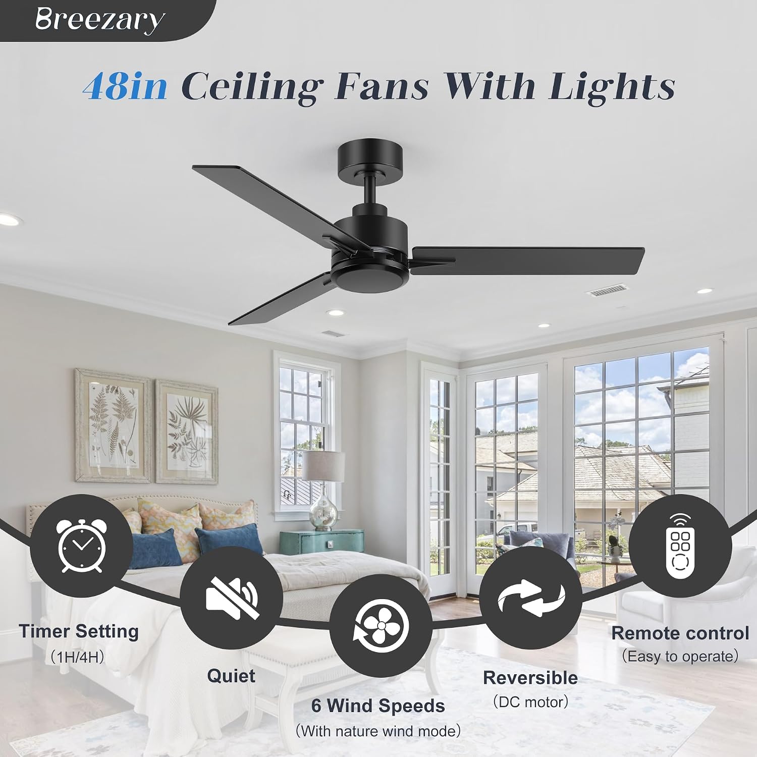 2 Pack 48 Inch Ceiling Fans without Light Remote Control, 6-Speed, Quiet Reversible DC Motor, 3-Blade, Industrial Indoor/Outdoor Ceiling Fan No Light for Living Room Patio, Black