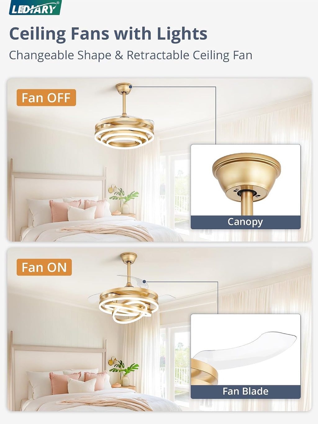 LEDIARY 42 Inch Retractable Ceiling Fan with Lights, Fandelier Ceiling Fan with 6 Speeds,3000K-6000K Adjustable,and DC Motor,Chandelier Ceiling Fans with Lights and Remote for Bedroom Living Room,Gold