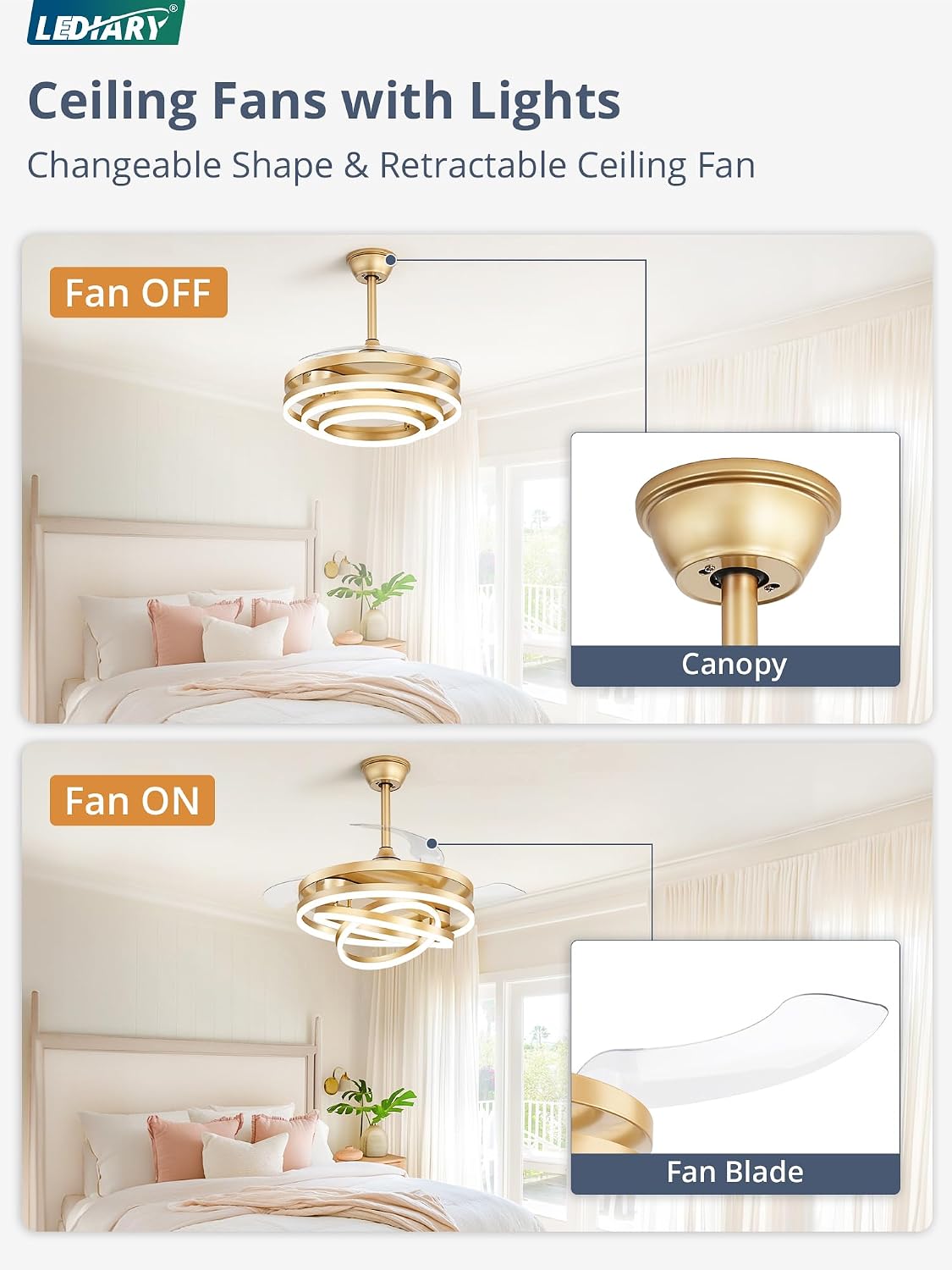 LEDIARY 42 Inch Retractable Ceiling Fan with Lights, Fandelier Ceiling Fan with 6 Speeds,3000K-6000K Adjustable,and DC Motor,Chandelier Ceiling Fans with Lights and Remote for Bedroom Living Room,Gold