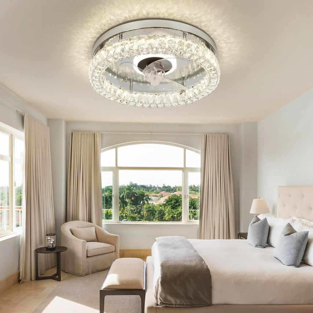 CLAIRDAI Crystal Ceiling Fans with Lights Flush Mount Ceiling Fan with Remotel Control Dimmable Fandelier Modern LED Low Profile Ceiling Fan Light (Chrome)