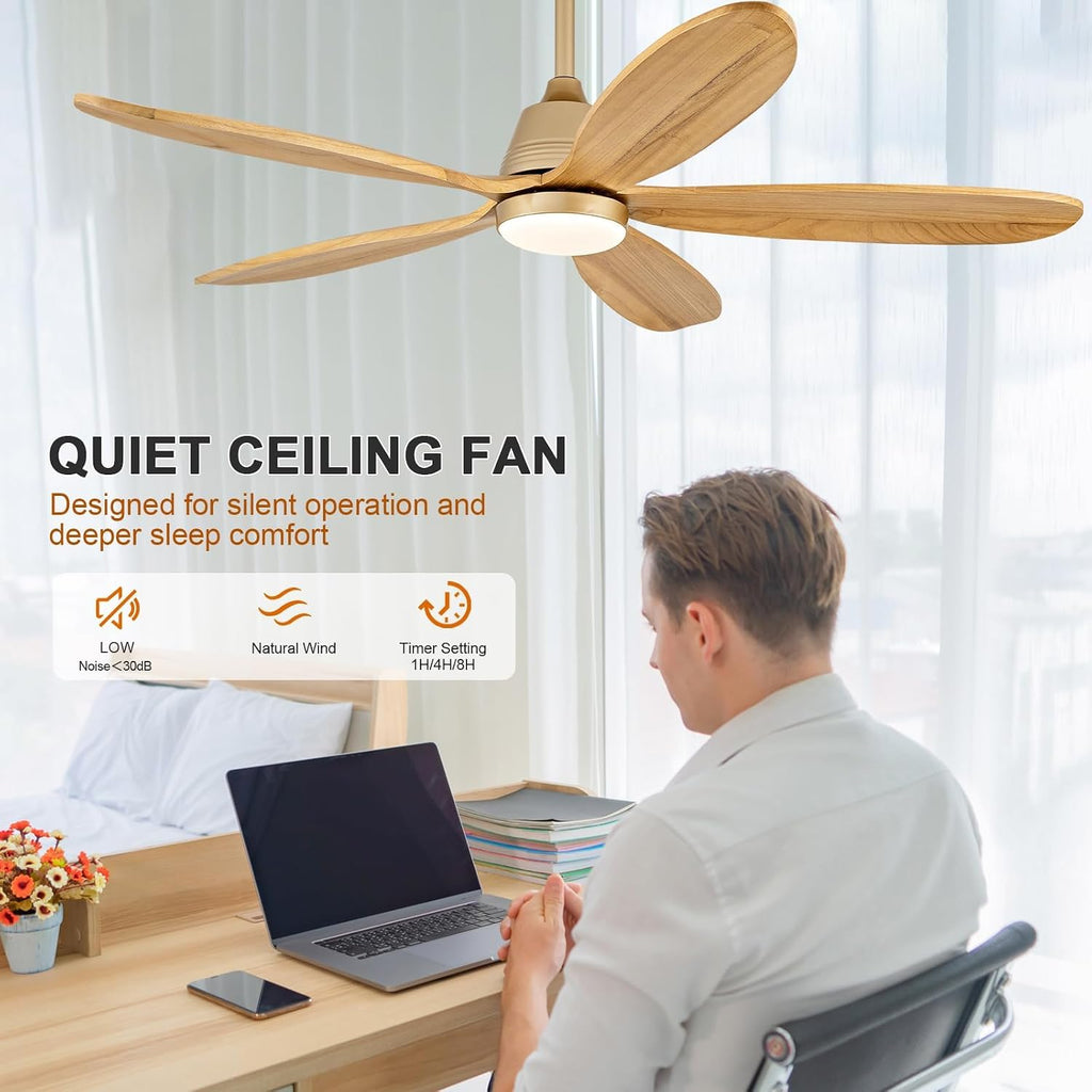 48 Inch Ceiling Fans with Lights and Remote, Modern Indoor Outdoor Ceiling Fan with Light for Patio Bedroom, Dimmable, 5 Wood Blades, Wall Switch, Reversible DC Motor, Memory Function (Gold)