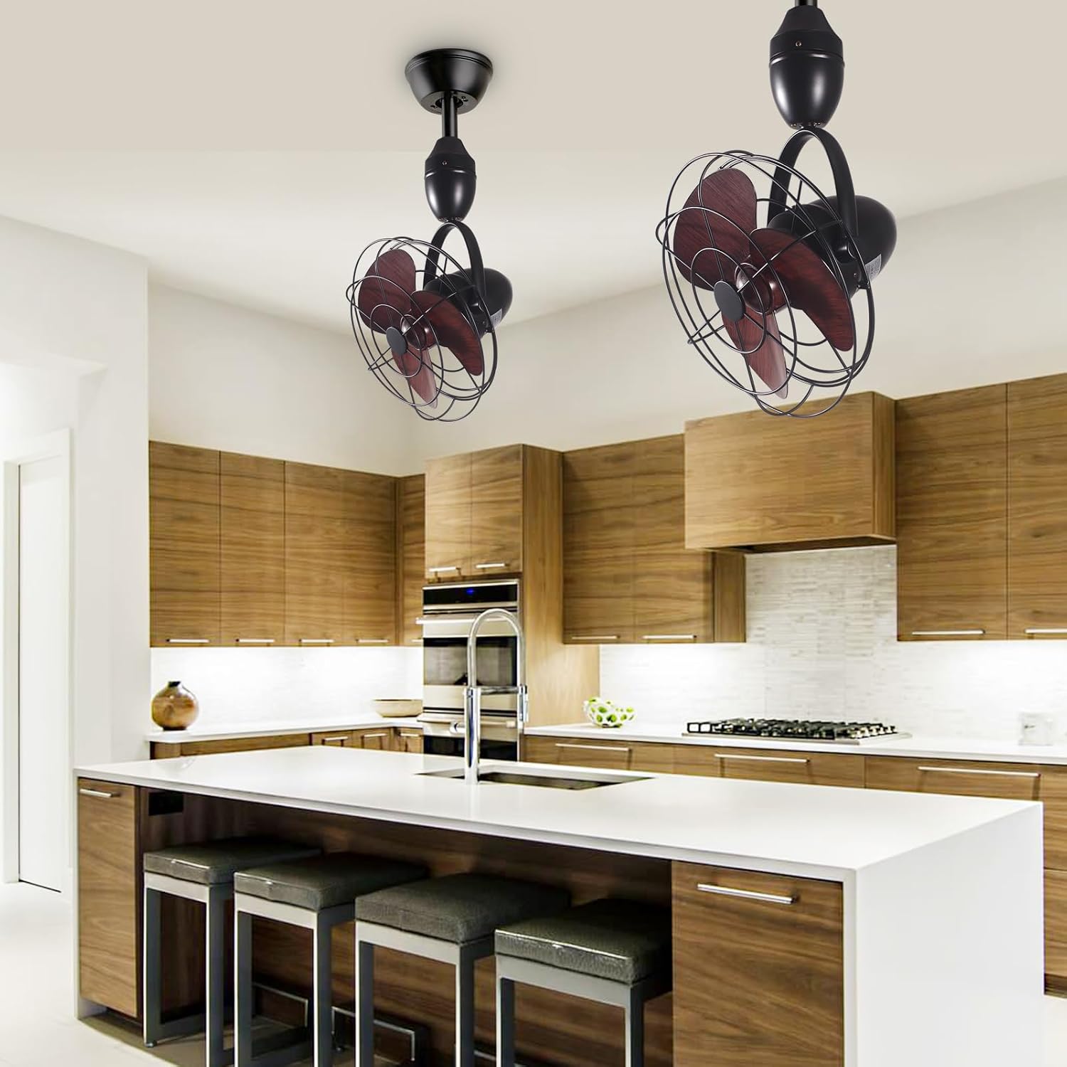 Depuley Oscillating Ceiling Fan with Remote: Black and Walnut Wall Mount Fan Ceiling for Patio - Caged Outdoor Wall Fan for Indoor Bedroom Kitchen - 80° Oscillation 100° Adjustable