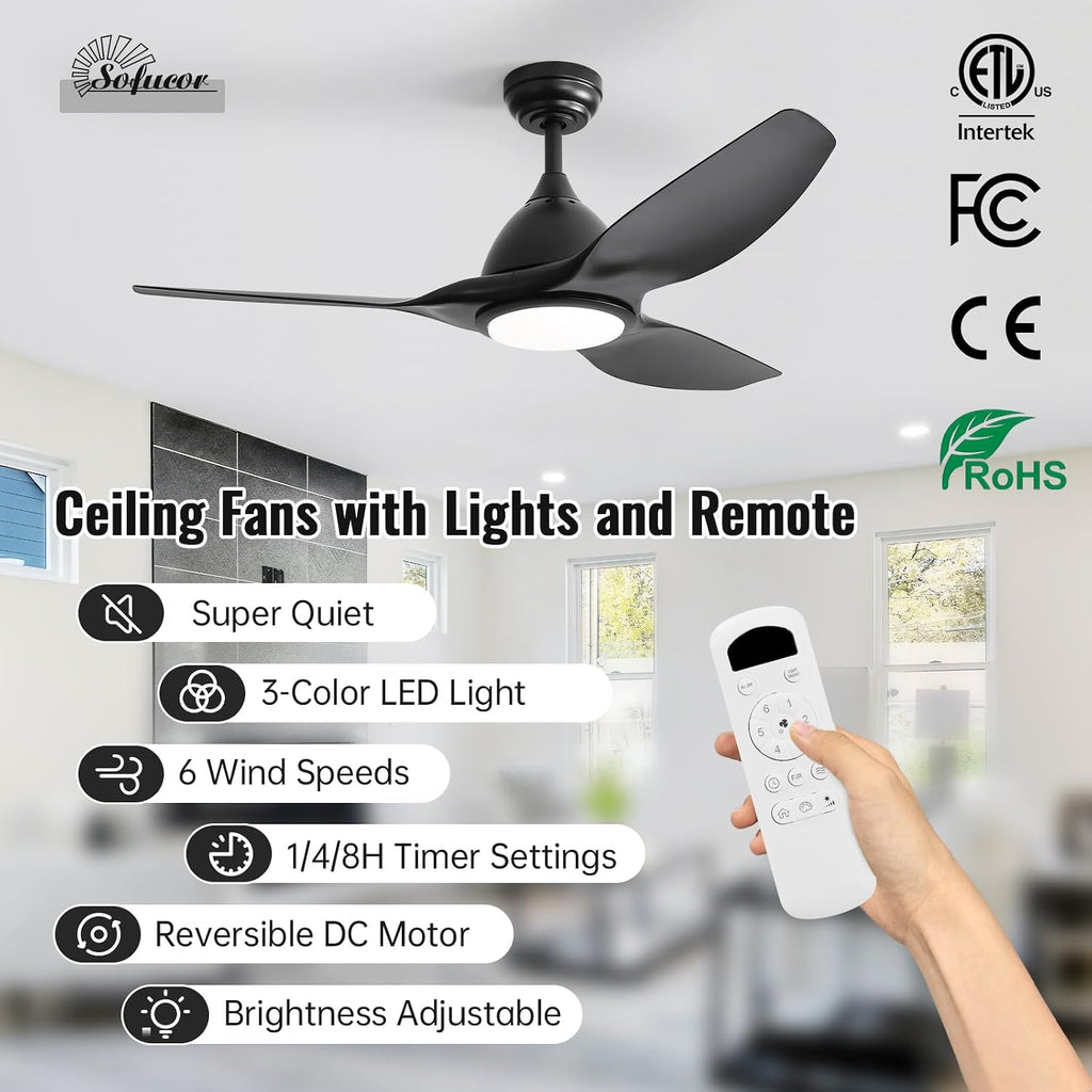 Sofucor 52 Inch Outdoor Ceiling Fans with Lights, Modern Ceiling Fan with 3 Plastic Blade, Quiet, Dimmable, High 7000CFM 6-Speed 3-Timer Reversible DC Motor, for Bedroom Living Room, ETL, Black