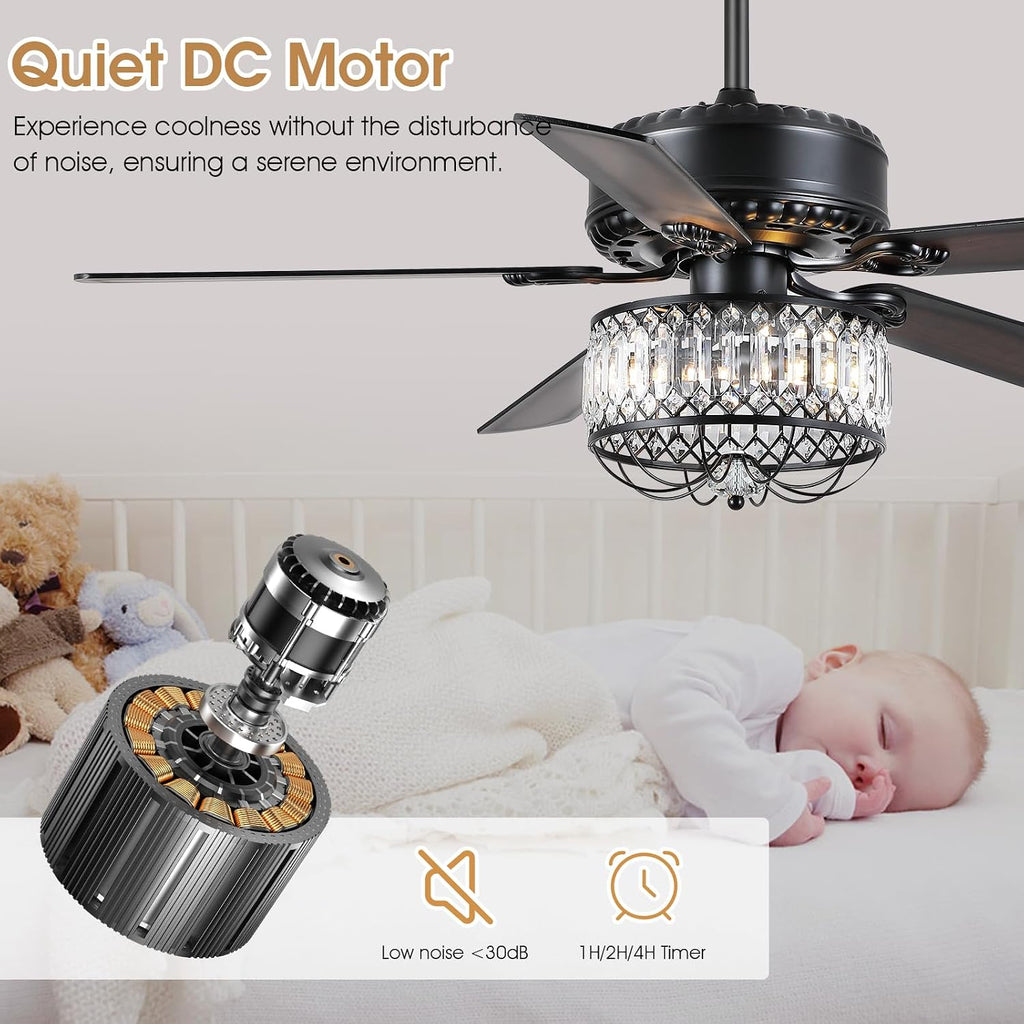 Kviflon Farmhouse Crystal Ceiling Fans with Lights and Remote, 52 Inch Chandelier Ceiling Fans, Black Fandelier Ceiling Fan for Bedroom Living Room, Quiet DC Motor, Reversible, Bulb not Included