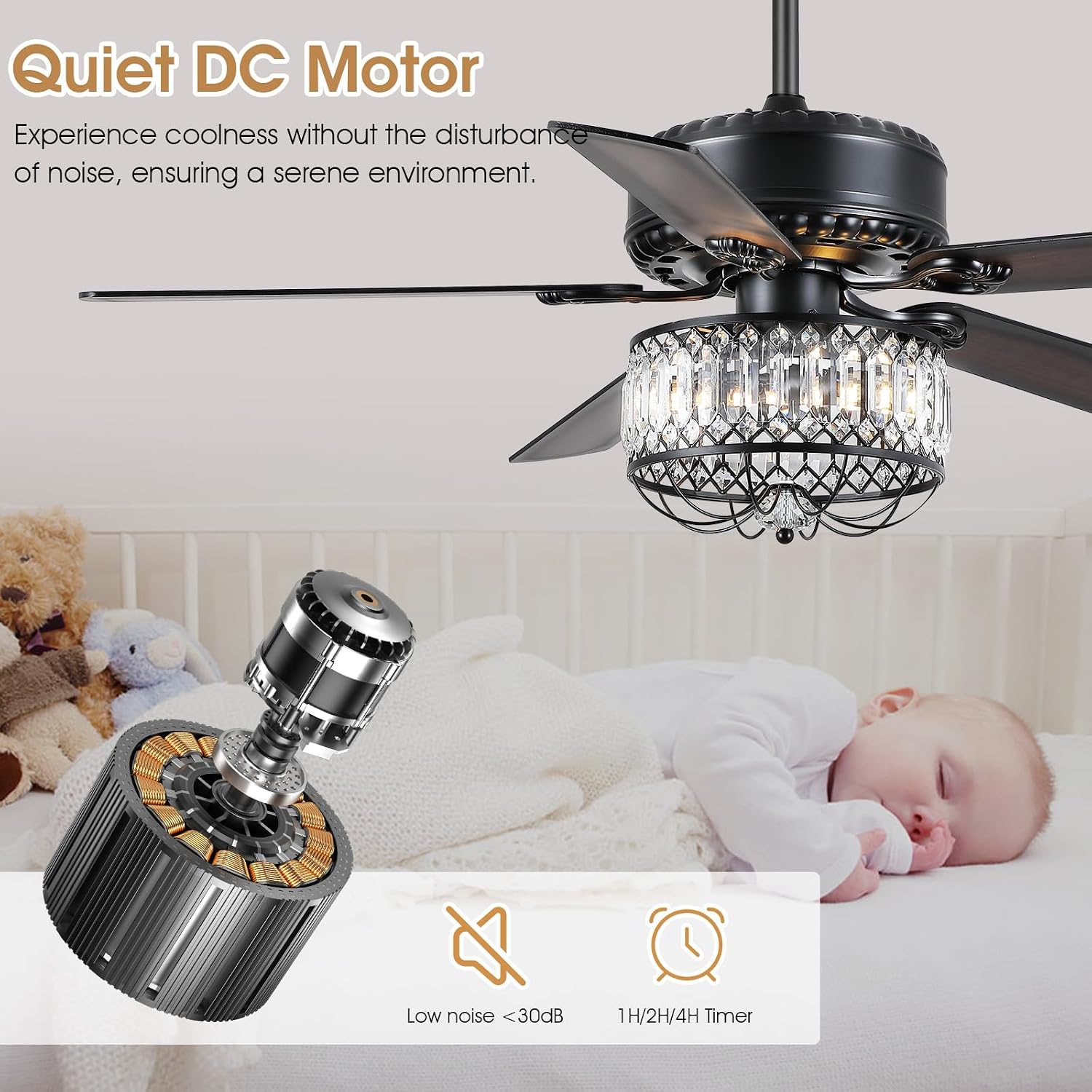 Kviflon Farmhouse Crystal Ceiling Fans with Lights and Remote, 52 Inch Chandelier Ceiling Fans, Black Fandelier Ceiling Fan for Bedroom Living Room, Quiet DC Motor, Reversible, Bulb not Included