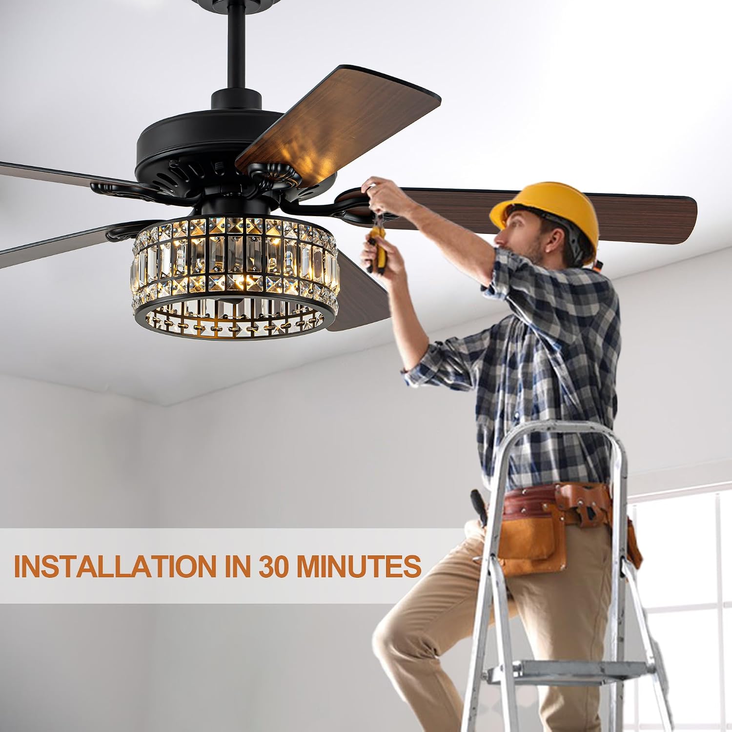 52' Black Crystal Ceiling Fan with Light, Modern Chandelier Fan with Remote, Farmhouse Vintage Fandelier Fan with Quiet DC Motor, 6 Speeds for Dining Living Room Bedroom (No Bulbs Included)