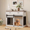 44.5'' Dog Crate Furniture with Hook and Storage Drawer, Wooden Dog Kennel with Sliding Barn Door Indoor Furniture Style Dog Crates End Table for Medium/Small Dogs (White)