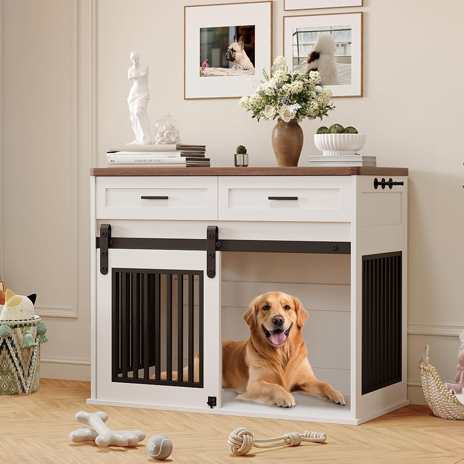 44.5'' Dog Crate Furniture with Hook and Storage Drawer, Wooden Dog Kennel with Sliding Barn Door Indoor Furniture Style Dog Crates End Table for Medium/Small Dogs (White)