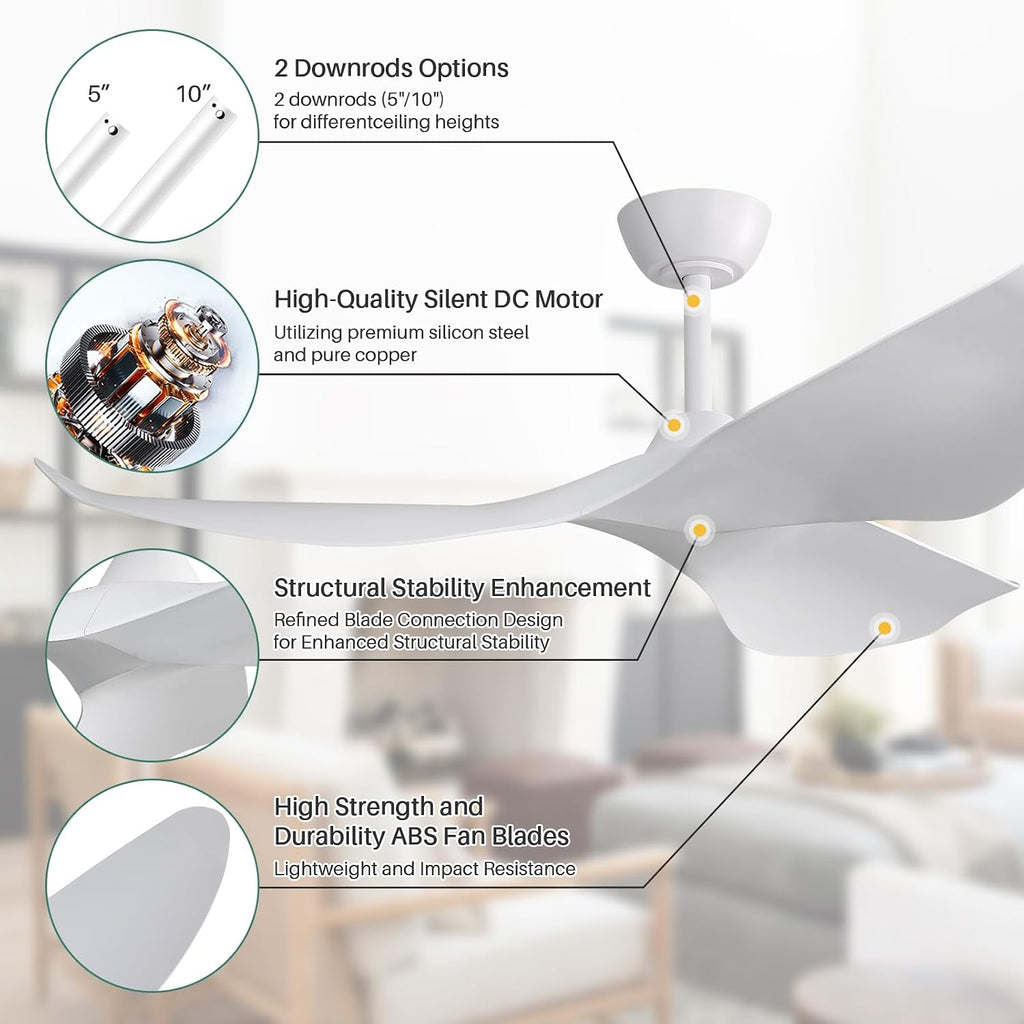 CACI Mall 52' White Ceiling Fan No Light, Modern, Remote Control, Low Profile, 3 Blades Ceiling Fan with Noiseless Reversible Dc Motor for Living room, Bedroom