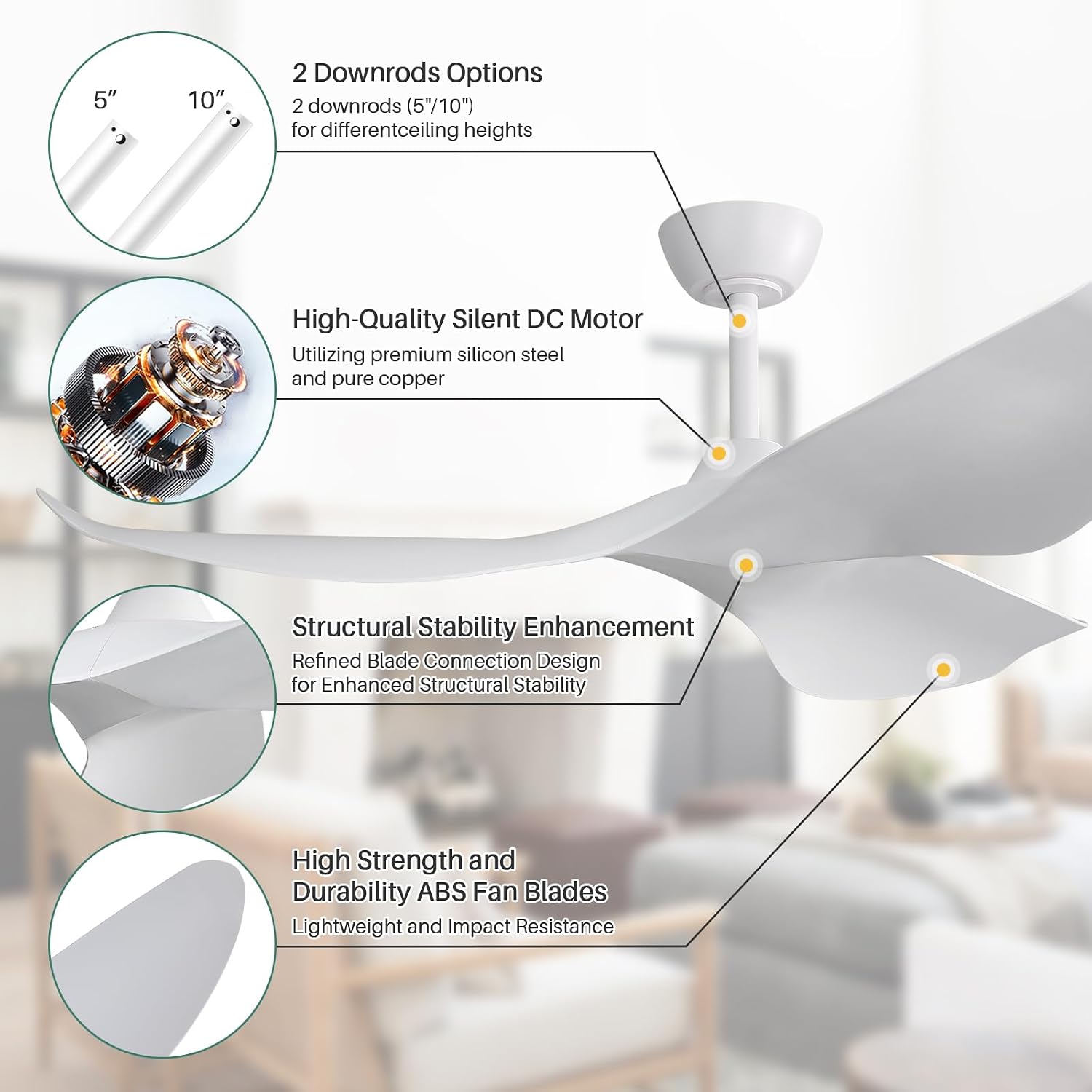 CACI Mall 52' White Ceiling Fan No Light, Modern, Remote Control, Low Profile, 3 Blades Ceiling Fan with Noiseless Reversible Dc Motor for Living room, Bedroom