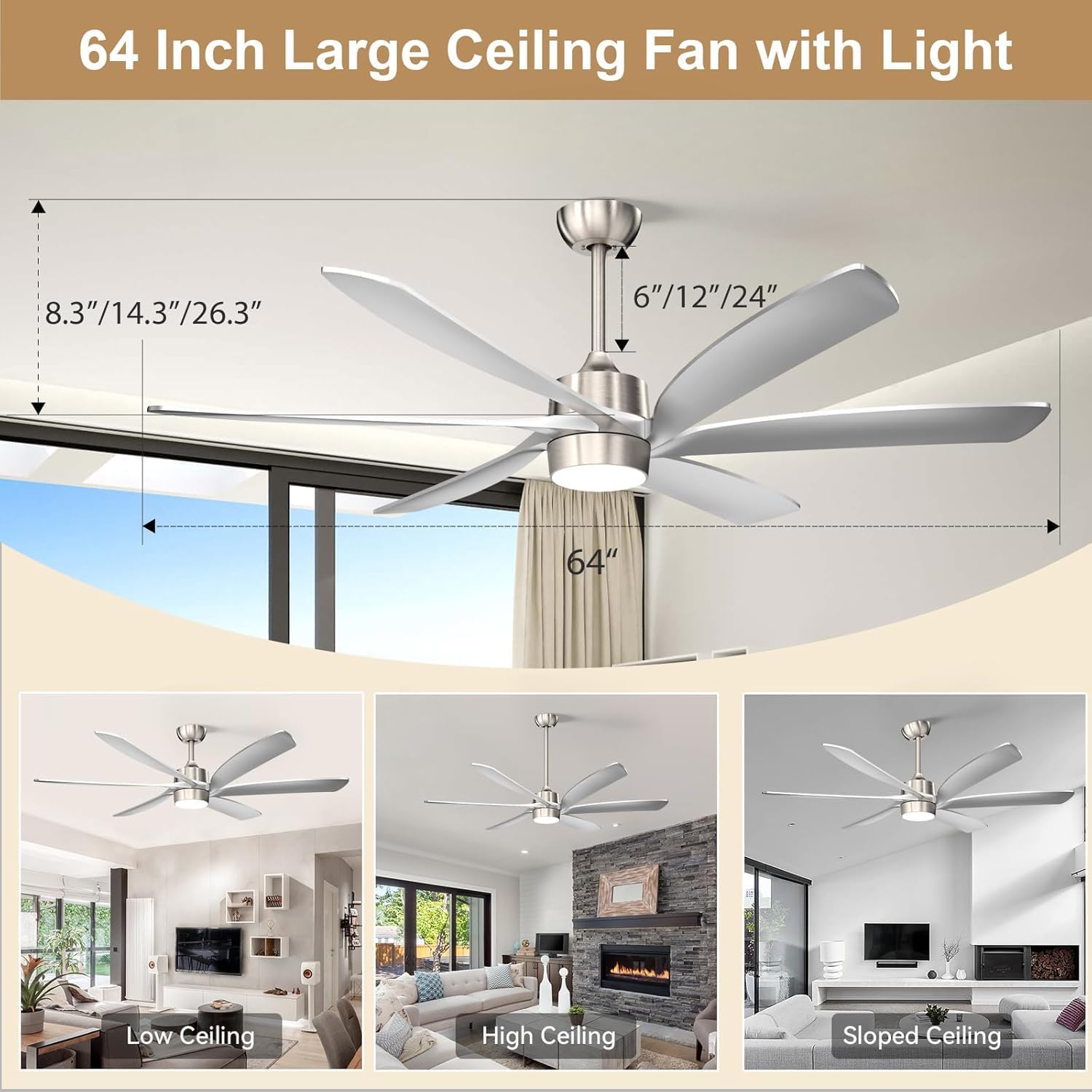 64 Inch Modern Outdoor Ceiling Fan with Light and Remote, Large Industrial Low Profile Ceiling Fan, Energy Efficient Reversible High CFM Quiet DC Motor, for Indoor Living room Outside Porch Dimmable
