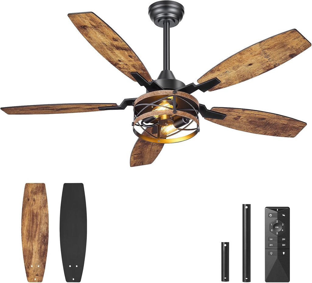 50 Inch Farmhouse Ceiling Fan with Lights and Remote, Timer, Dual Finish 5 Blades (Rustic Brown and Black), 6 Speeds, Reversible DC Motor, Rustic & Industrial Caged Ceiling Fan for Bedroom B04CF05