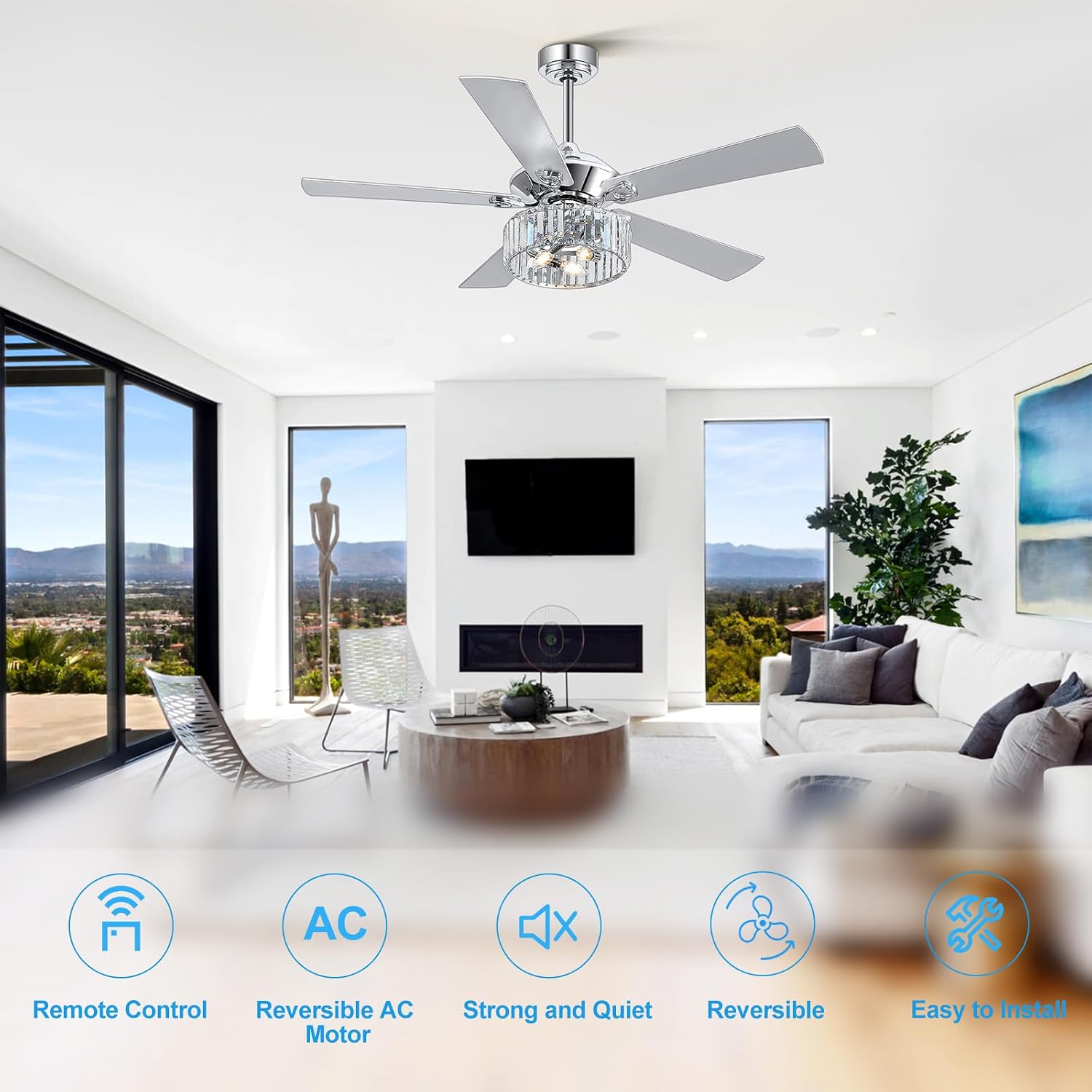 52' Ceiling Fan with Crystal Light Remote Control, 5 Reversible Blades, Quiet DC Motor, 6-Speed, Timer, Modern Crystal Caged Ceiling Fan Chandelier for Bedroom Living Room, Chrome