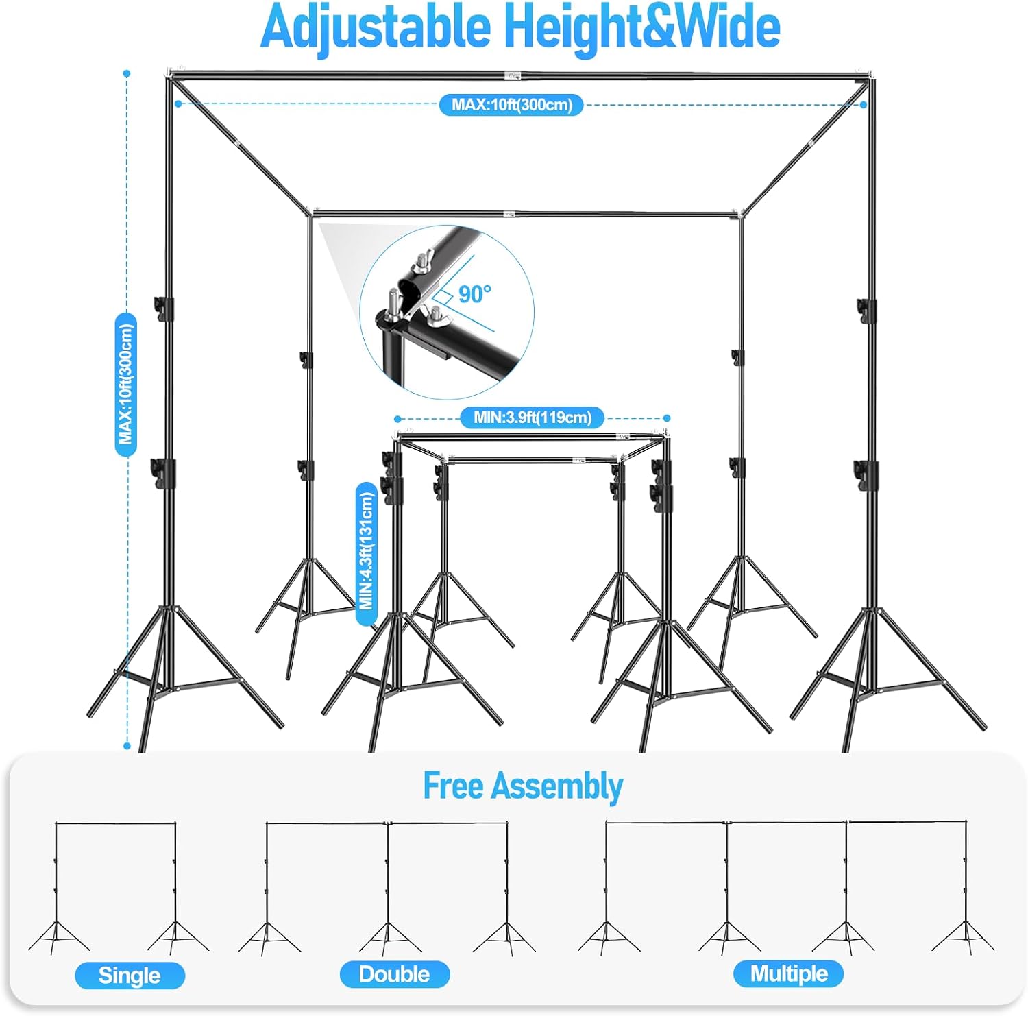 EMART Back Drop Adjustable Stand,10X10X10ft Square Backdrop Stand Heavy Duty Photography Background Support System Kit with 300° Rotatable Connector and 12 Spring Clamp for Party,Wedding,Photo Studio