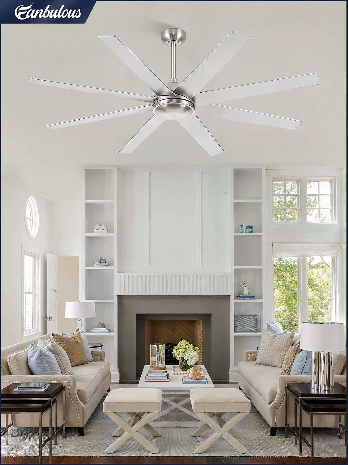 65 Inch Ceiling Fans No Light with Remote, Brushed Nickel Indoor/Outdoor Ceiling Fan Without Light with Quiet Reversible DC Motor, 6 Speeds, 8 Blades Large Ceiling Fan for Living Room Bedroom Patio