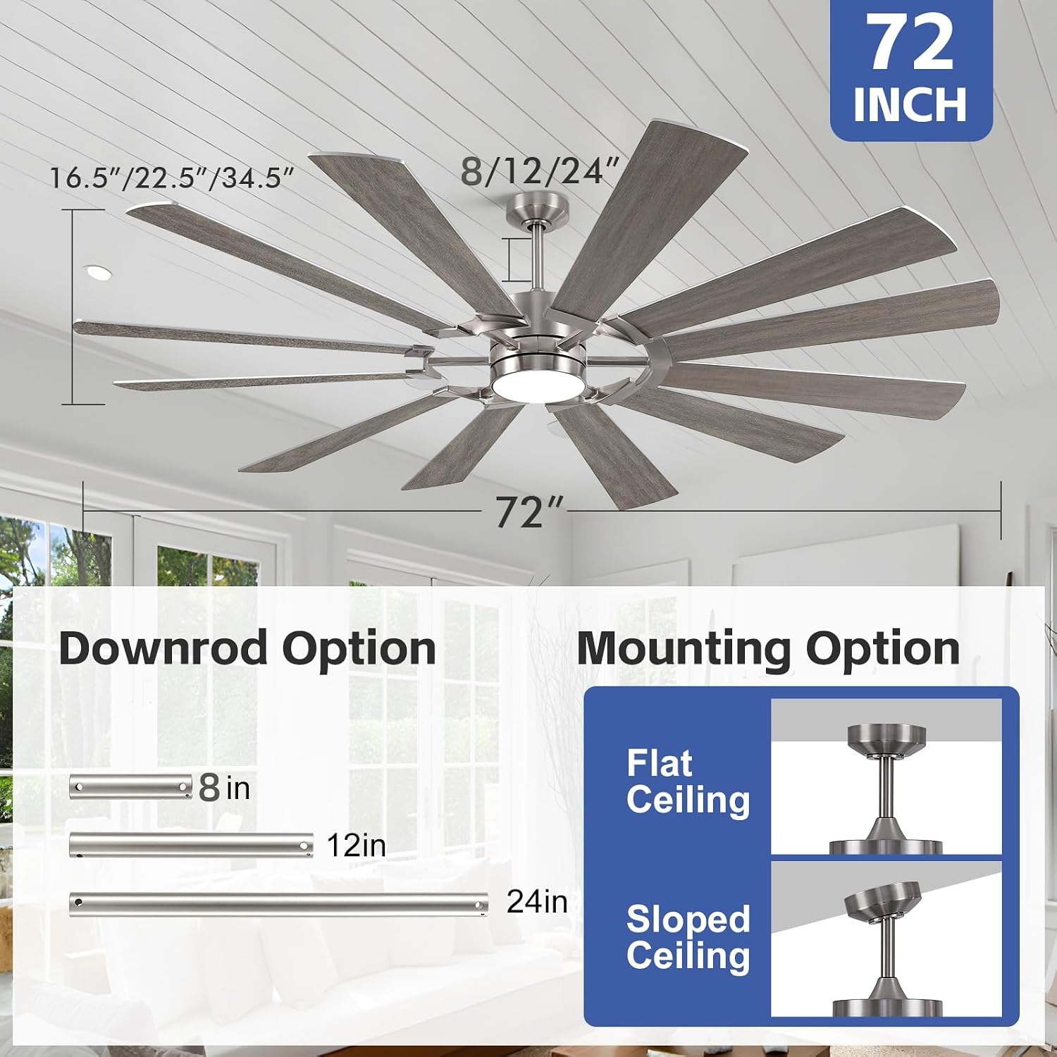 72'' Farmhouse Ceiling Fan with Light,12 Dual-Finish Wind Mill Blades, 3 Downrods, 6-Speed Reversible DC Motor, High CFM, 3CCT, Indoor Outdoor Modern Industrial Fans for Patio Commercial Shop Garage