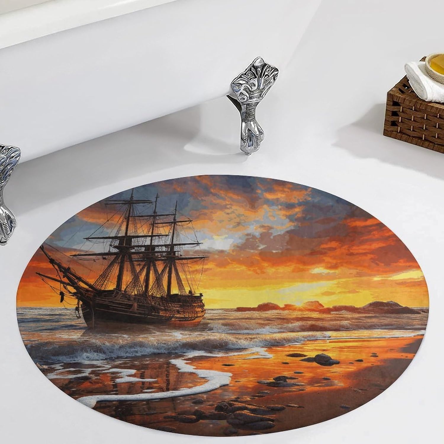 Pirate Ship in The Sunset Coral Velvet Round Floor Mat Non-Slip Bath Rug Floor Covering for Bathroom Vanity Guest Suite & Vacation Home