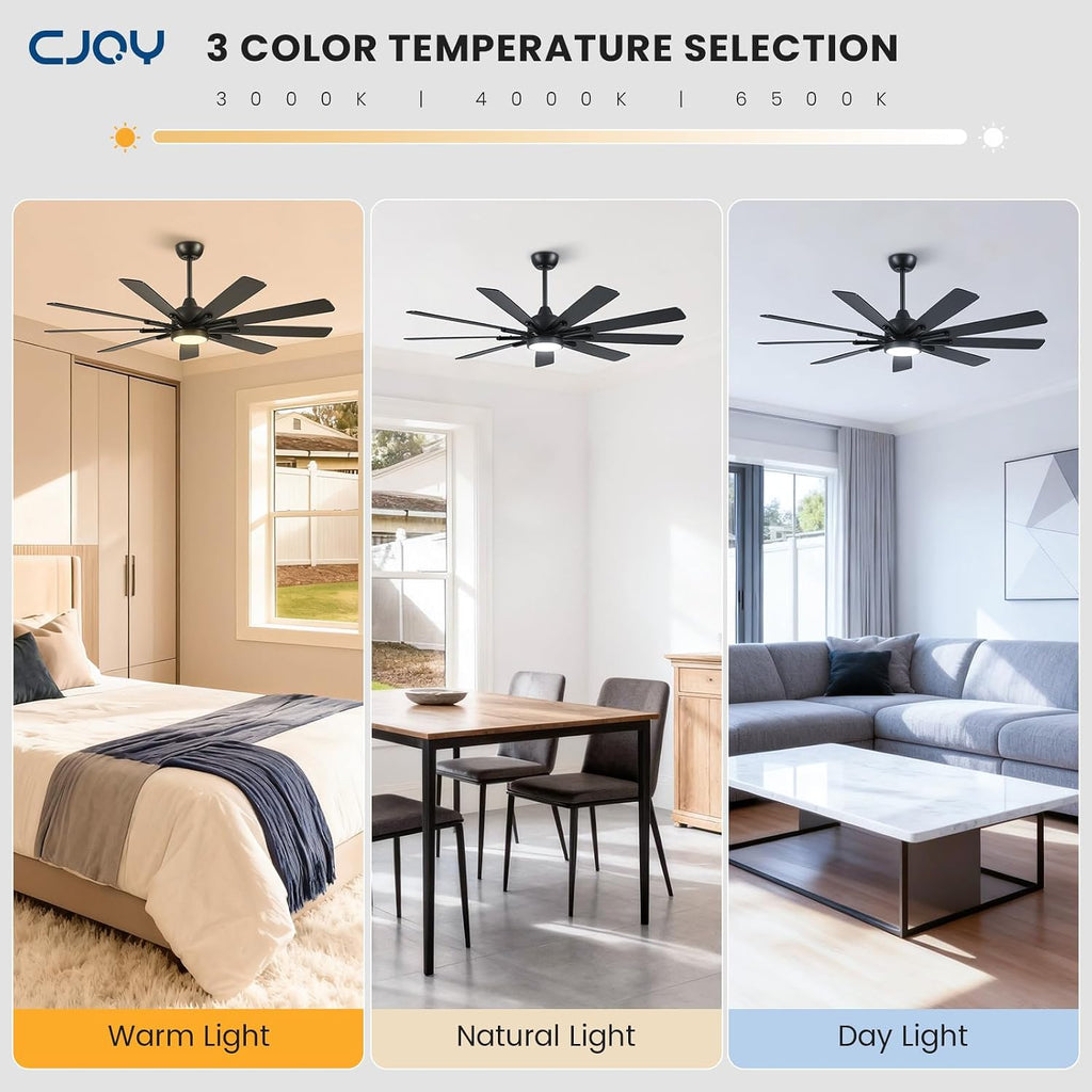 62 Inch Ceiling Fan with Light，Indoor/Outdoor Black Large Ceiling Fans with Lights and Remote for Kitchen Living Room Patio, 9 Blade Reversible Quiet DC Motor,6 Speeds,3 CCT(Dual Finish )